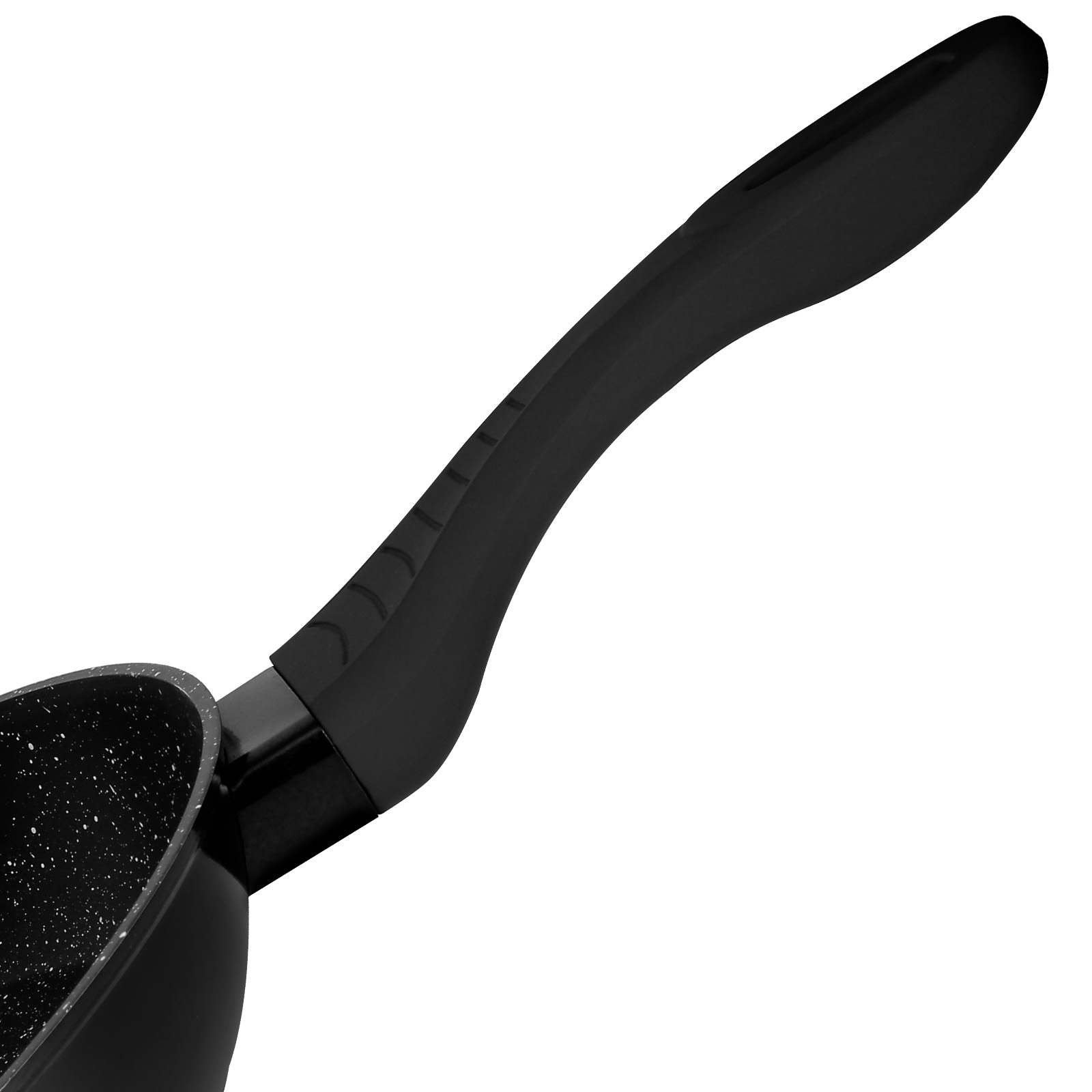 Schwarzer Kochtopf mit schwarzem Griff. Der Topf ist auf weißem Hintergrund. Der Griff ist gebogen.