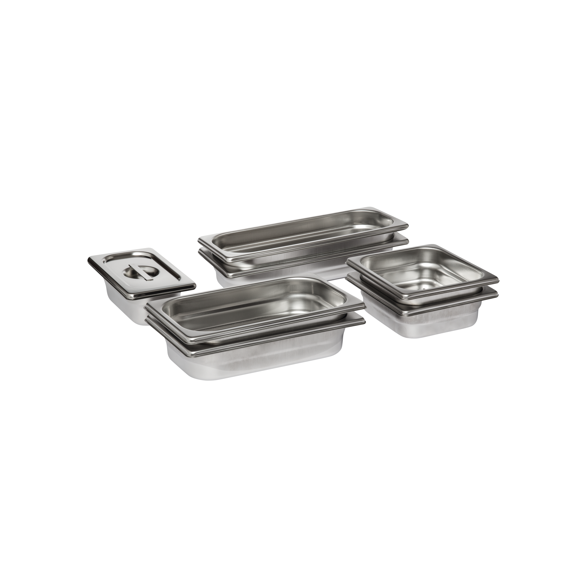 Bandejas de acero inoxidable para alimentos. Son rectangulares y vacías. El fondo es negro.