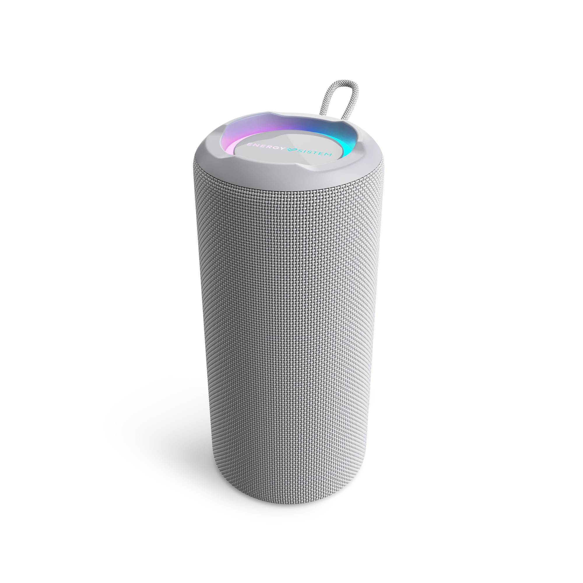 Un altavoz Bluetooth cilíndrico blanco con luces de colores en la parte superior.