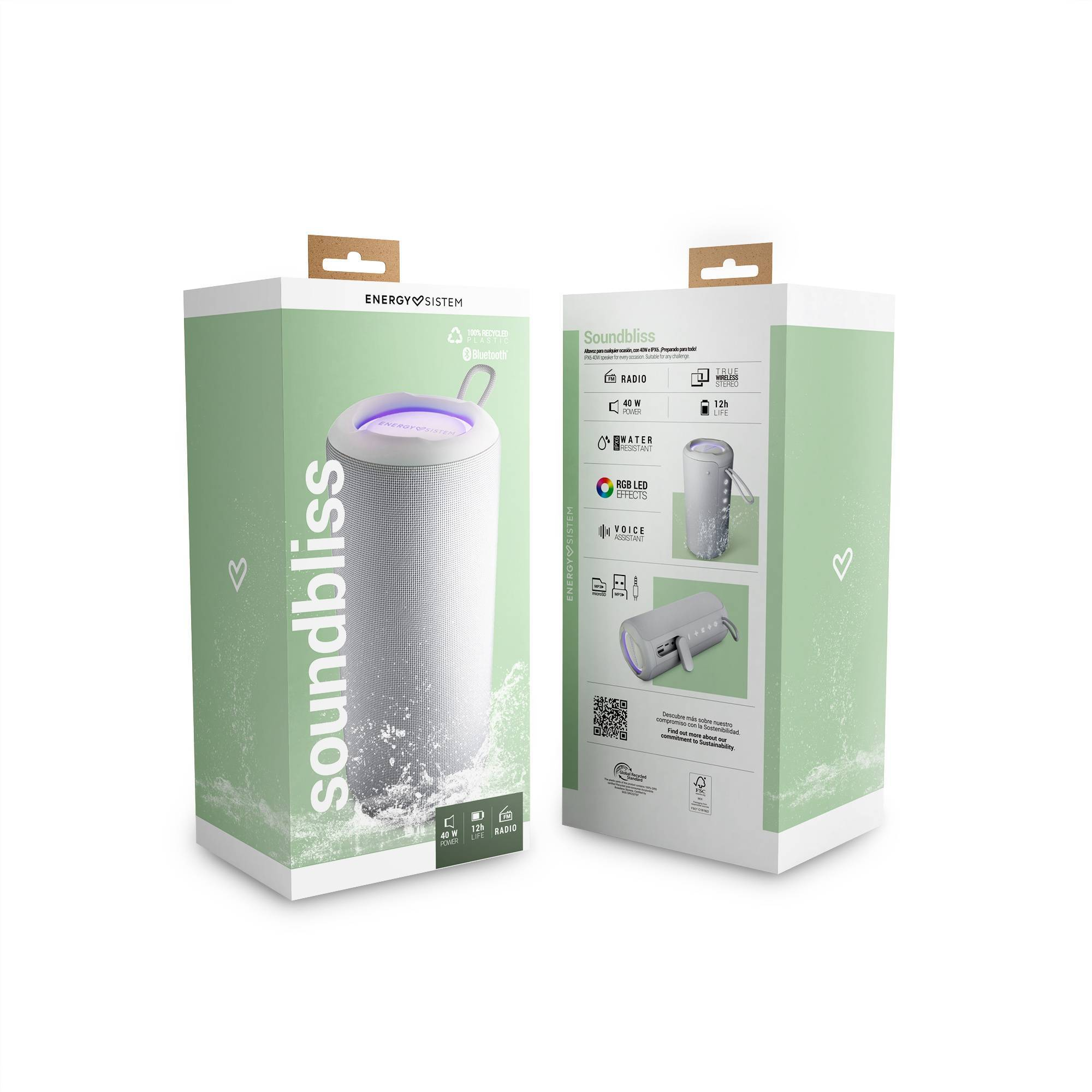 Caja de altavoz blanca y verde con información del producto y etiqueta soundbliss.