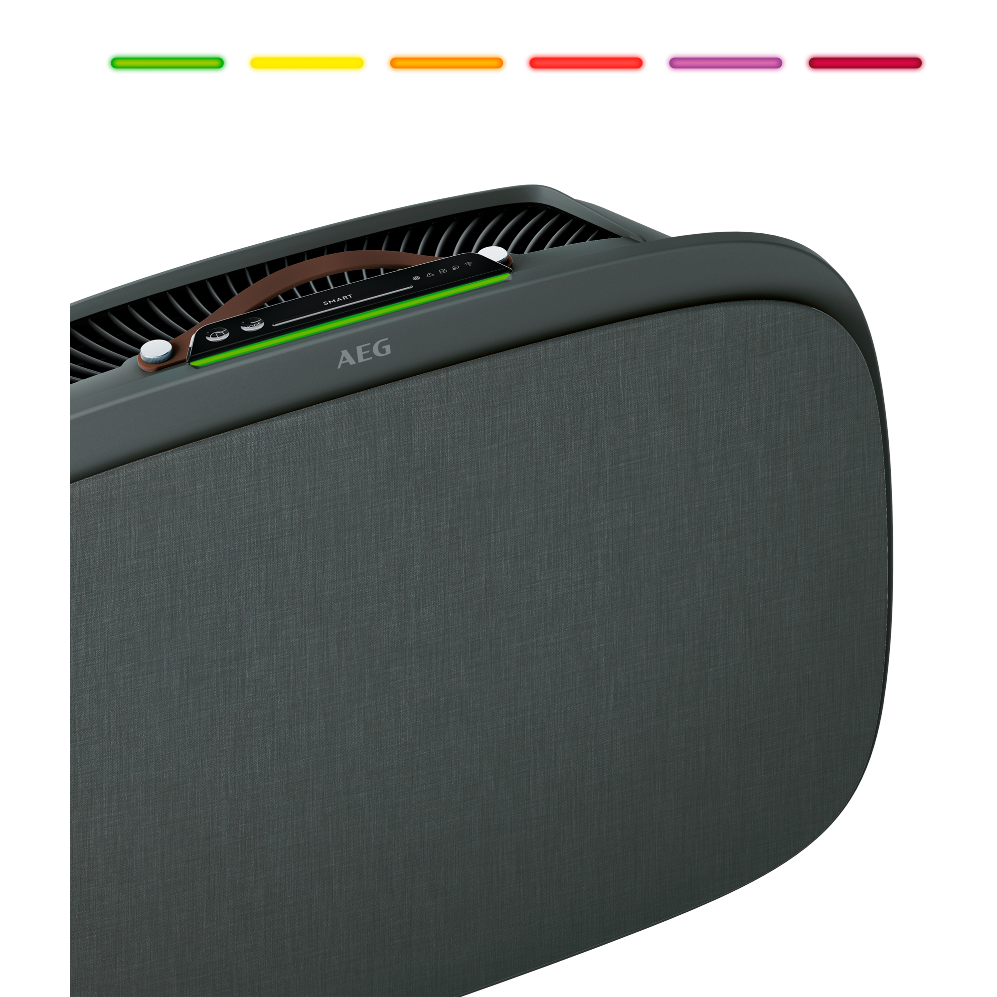 Purificatore d'aria con display verde, manico marrone e sfondo nero.