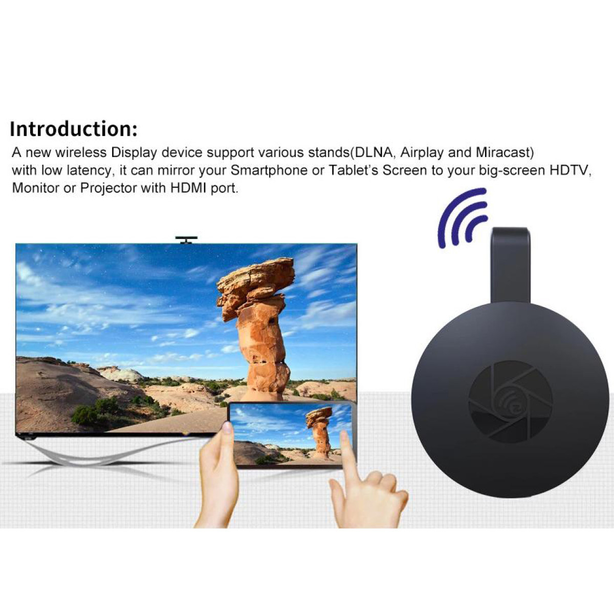 Un dispositivo di visualizzazione wireless nero con una TV che mostra un paesaggio.