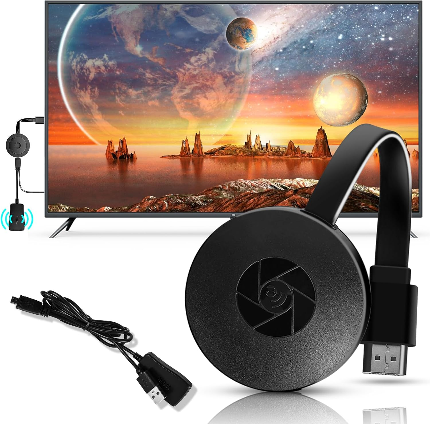 Ein Fernseher und ein schwarzes Chromecast-Gerät mit Kabeln. Der Fernseher zeigt eine Weltraumszene.