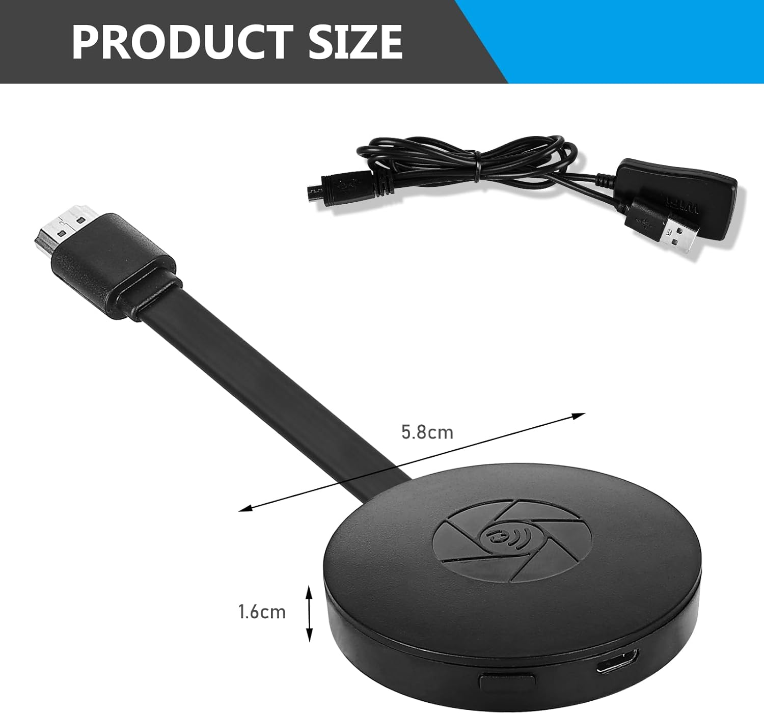 Ein schwarzes drahtloses Streaming-Gerät mit HDMI-Kabel und USB-Kabel, mit Produktdetails.