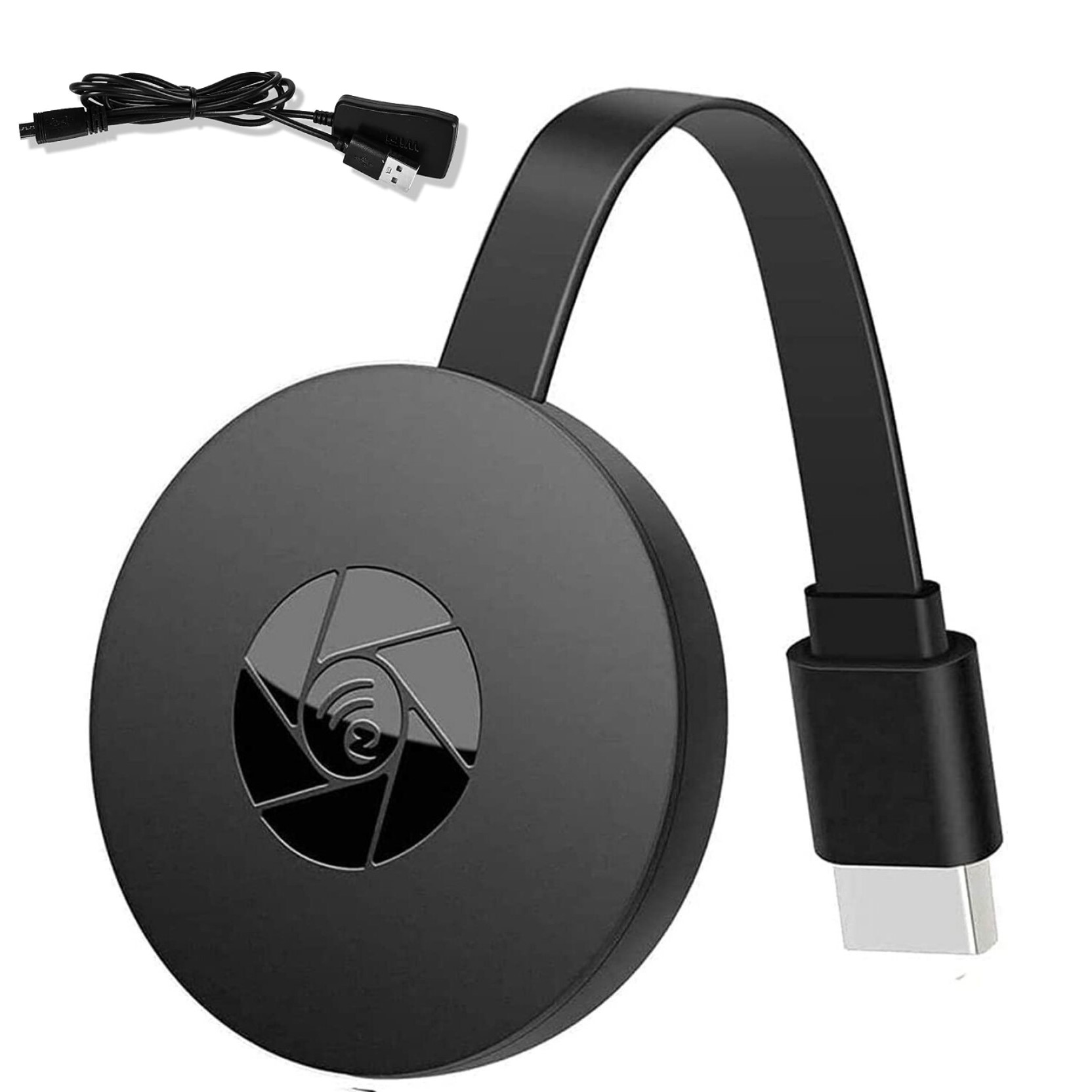 Schwarzes Chromecast-Gerät mit schwarzem Kabel und weißem USB-Anschluss.