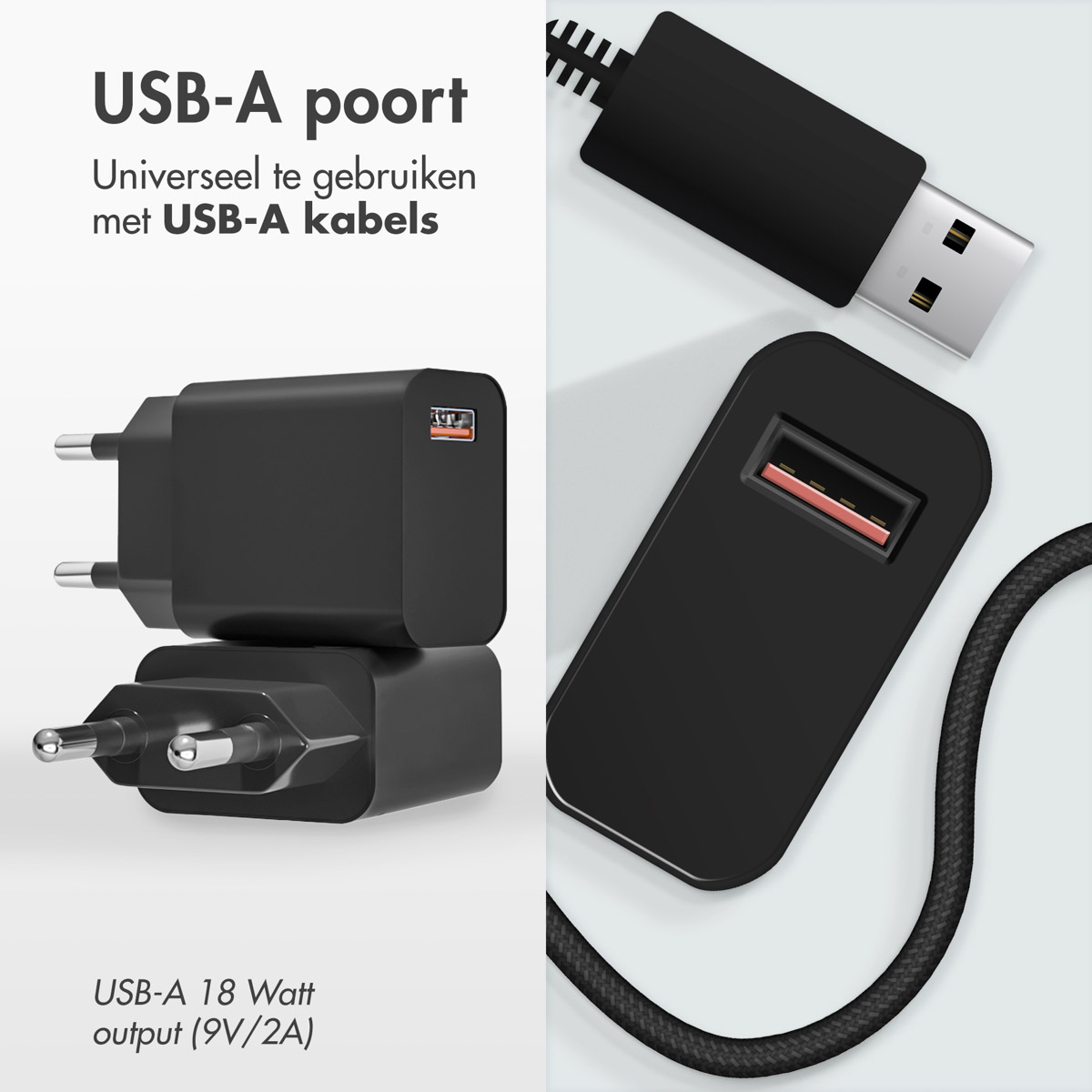 Two black chargers and a cable with a USB-A port. The text mentions USB-A use.