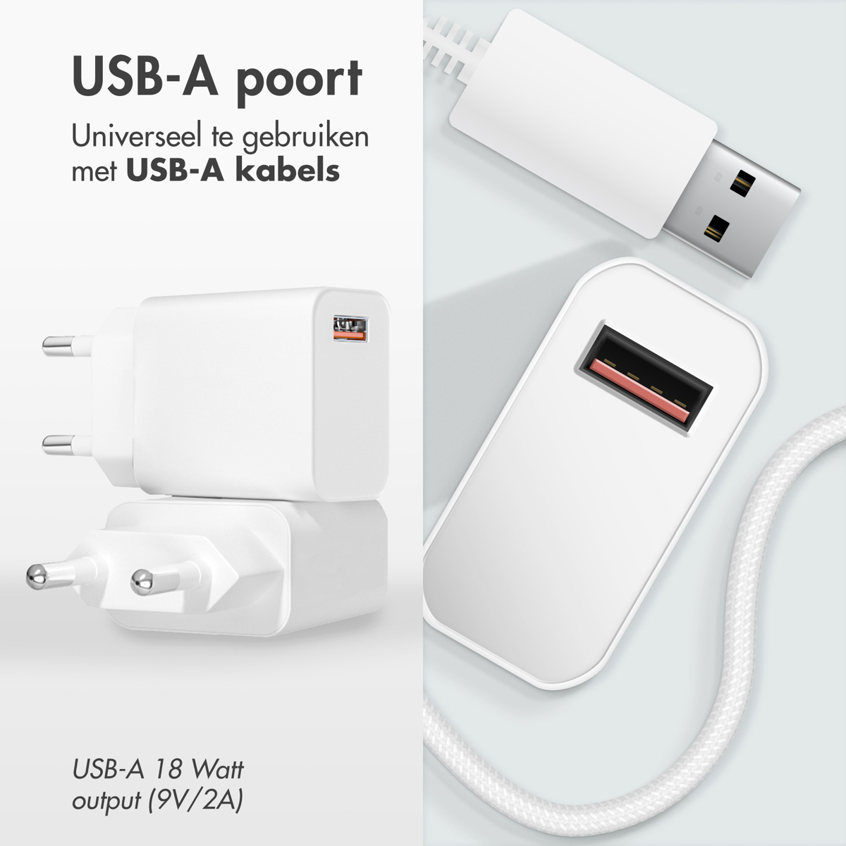 White USB charger with two plugs and a USB-A port, with a white cable.