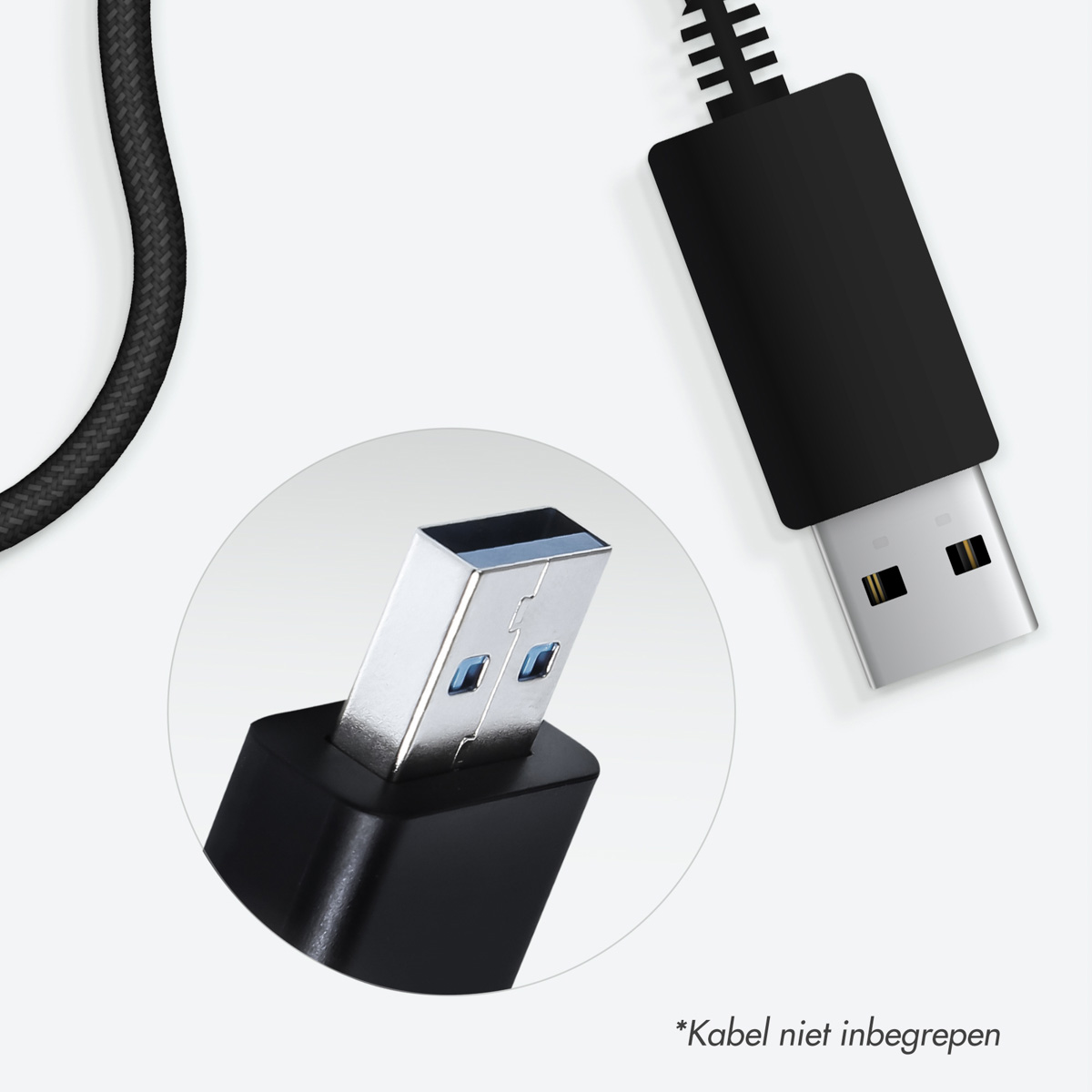 Black USB cable with a close-up of a USB connector. The text says, cable not included.