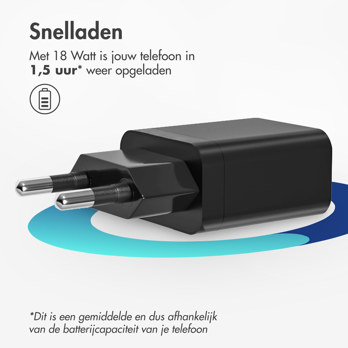 A black charger with a blue and white background. Text mentions 18W fast charging.