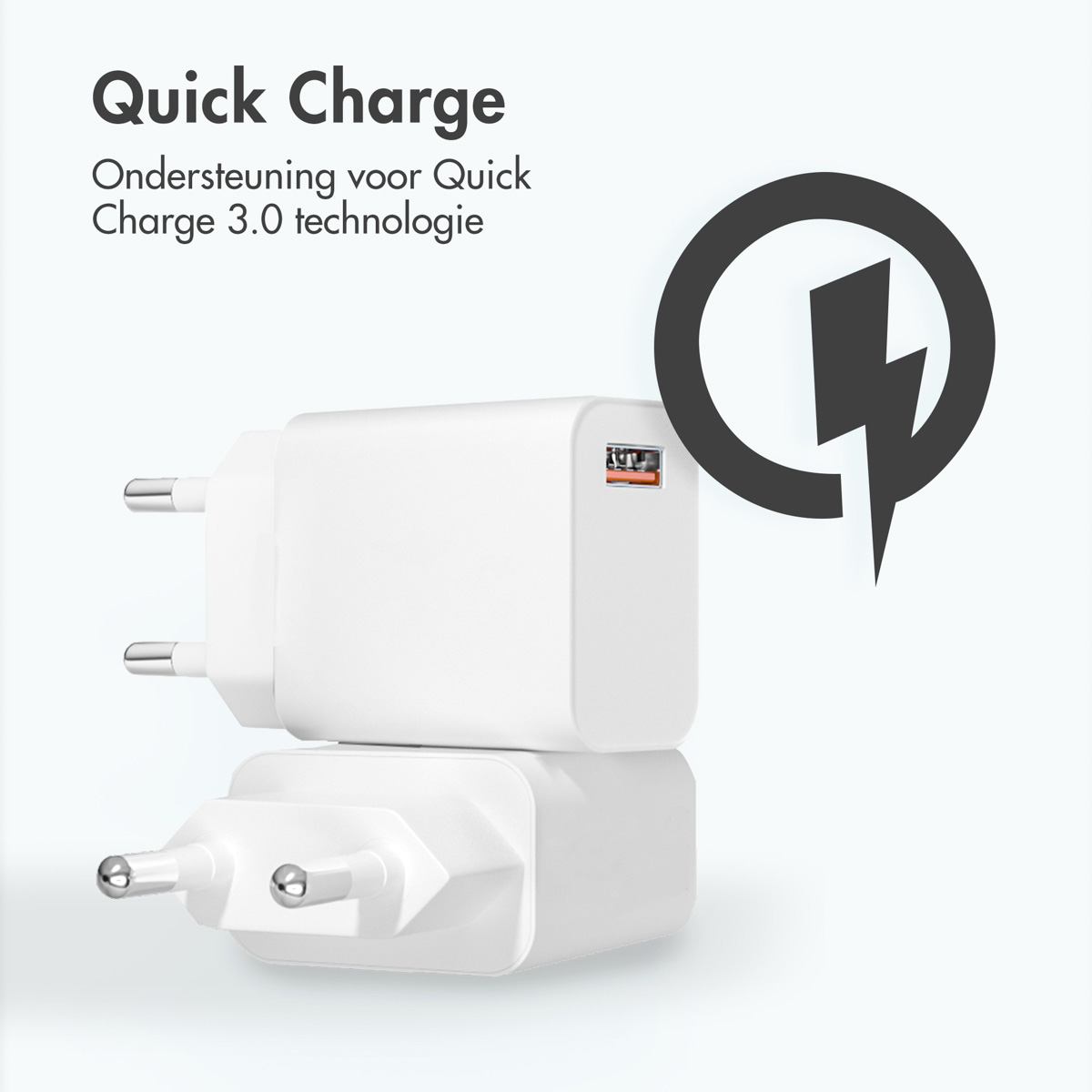 Two white wall chargers. Text overlay: Quick Charge. Lightning bolt icon. White background.