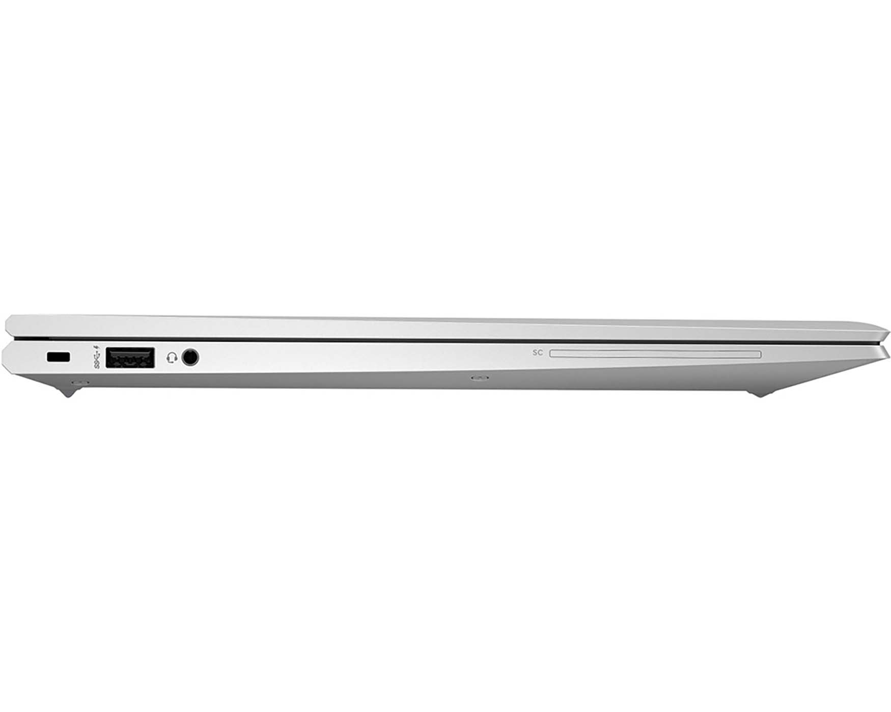 A silver laptop from the side view. Shows ports and a SD card slot.