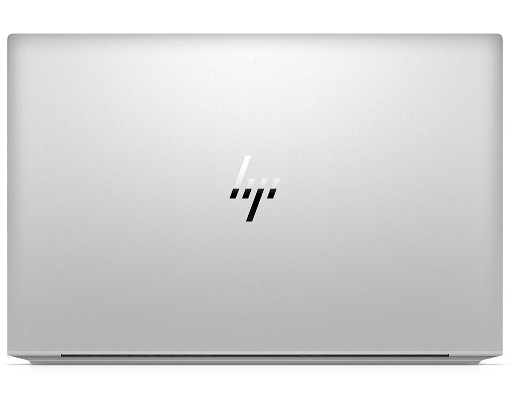 A silver laptop with the HP logo on a white background.