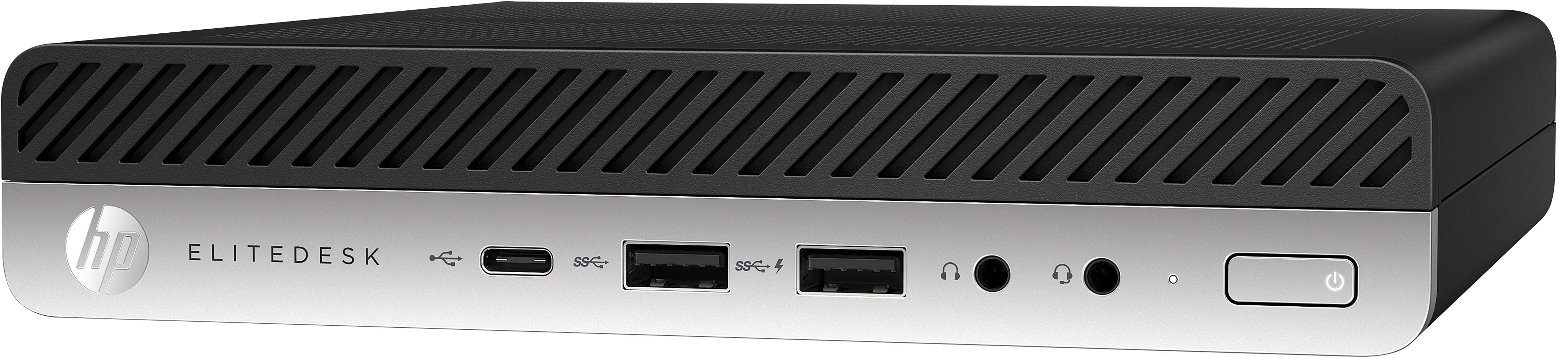 Zilveren en zwarte computer met poorten en het HP EliteDesk logo.