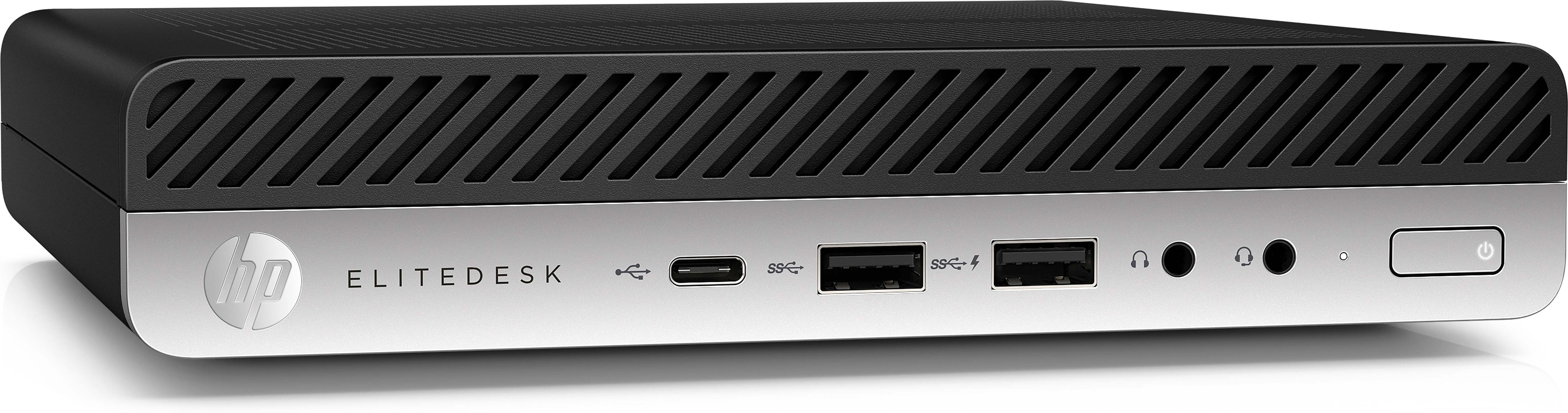 Zwarte en zilveren HP Elitedesk mini-pc met poorten en een aan/uit-knop aan de voorkant.