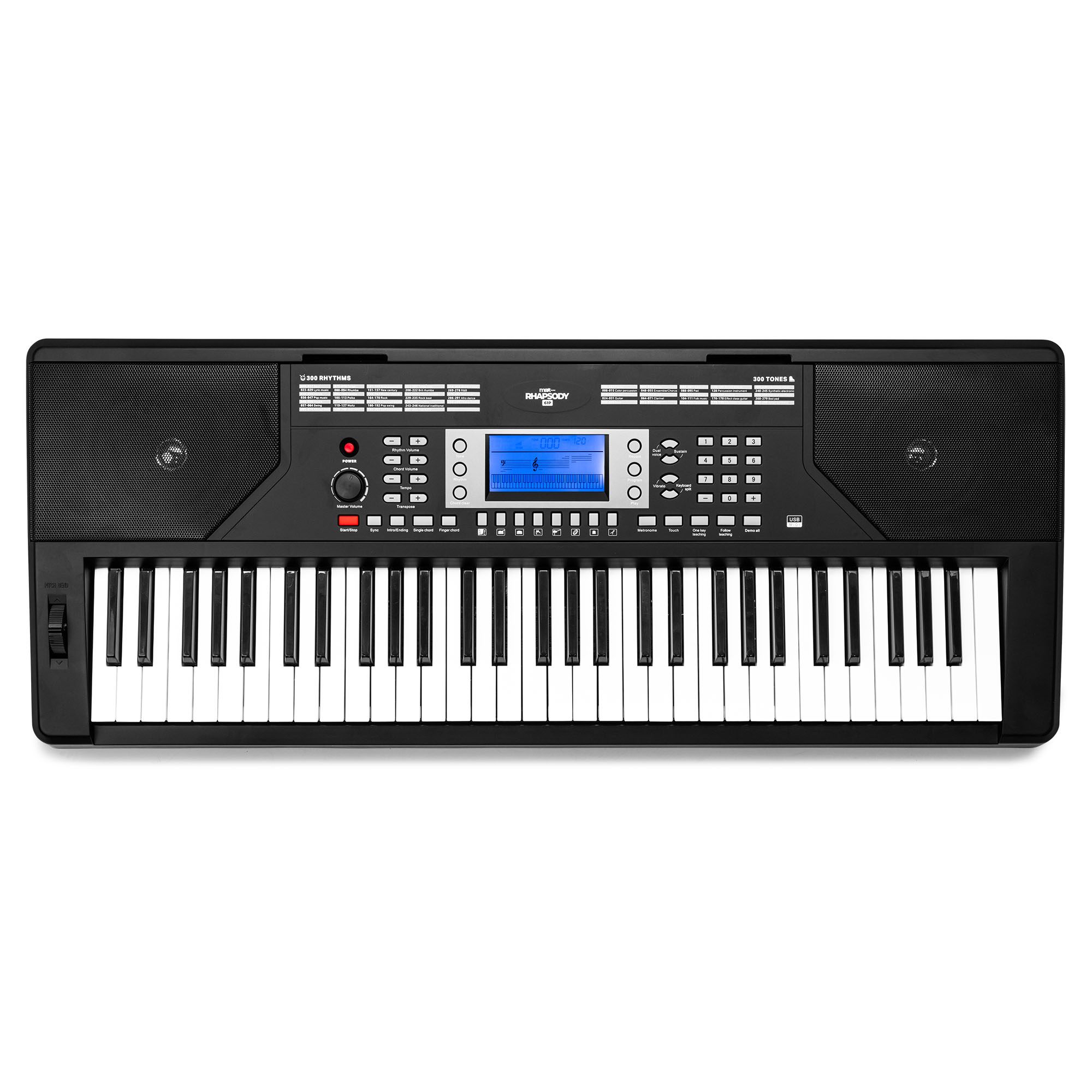 Teclado de piano negro con teclas blancas y negras, con una pantalla azul y botones.