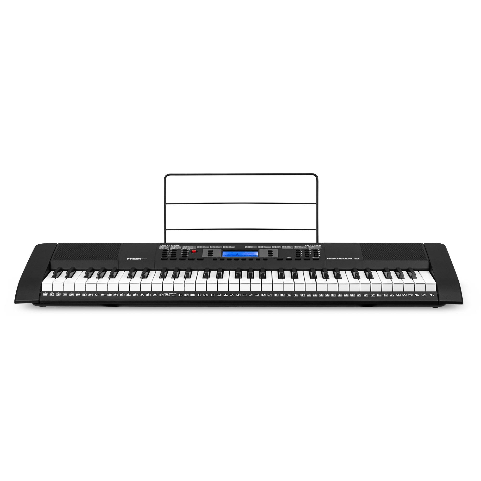 Schwarzes Digitalpiano mit weißen Tasten und einem schwarzen Notenständer auf weißem Grund.