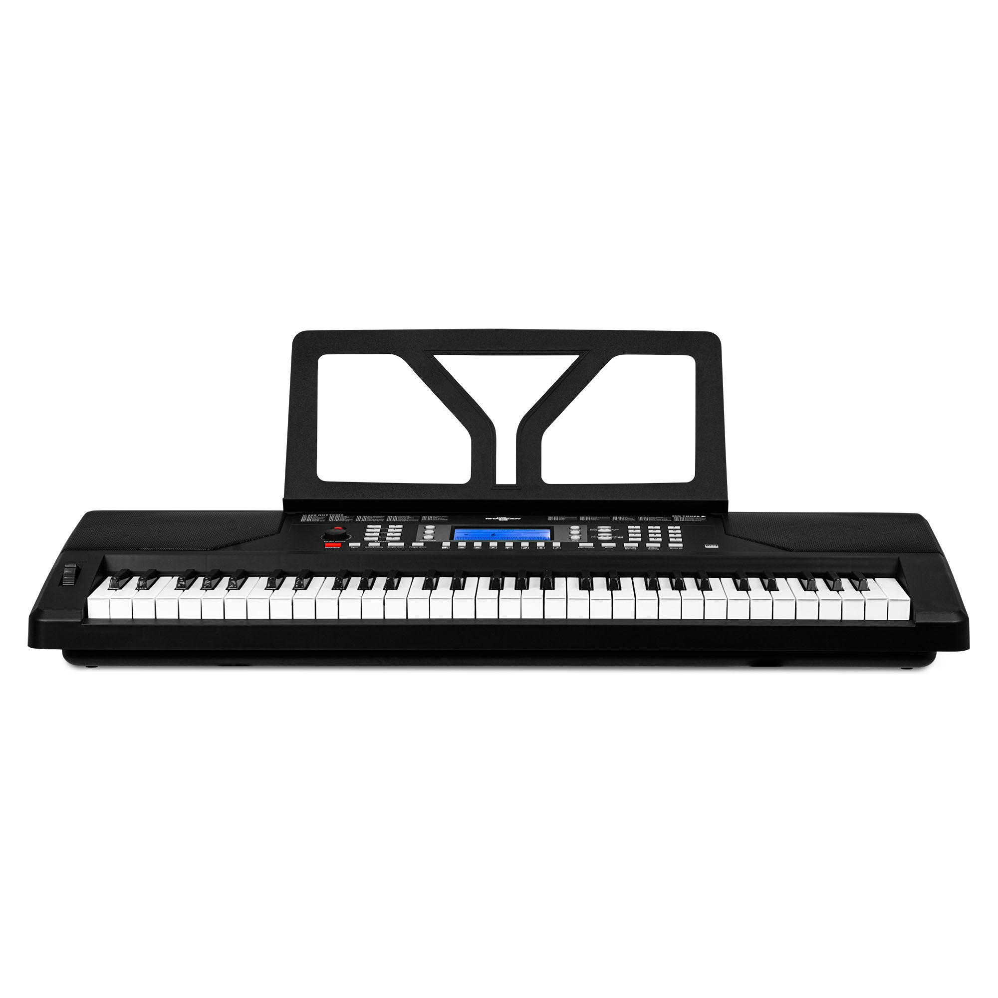 Piano eléctrico negro con teclas blancas y atril. El fondo es blanco.