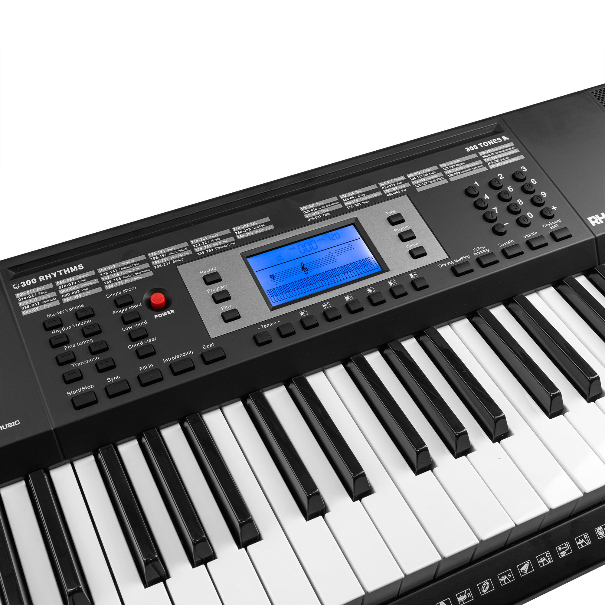 Schwarze elektronische Tastatur mit weißen und schwarzen Tasten. Ein blaues Display und Bedientasten sind sichtbar.