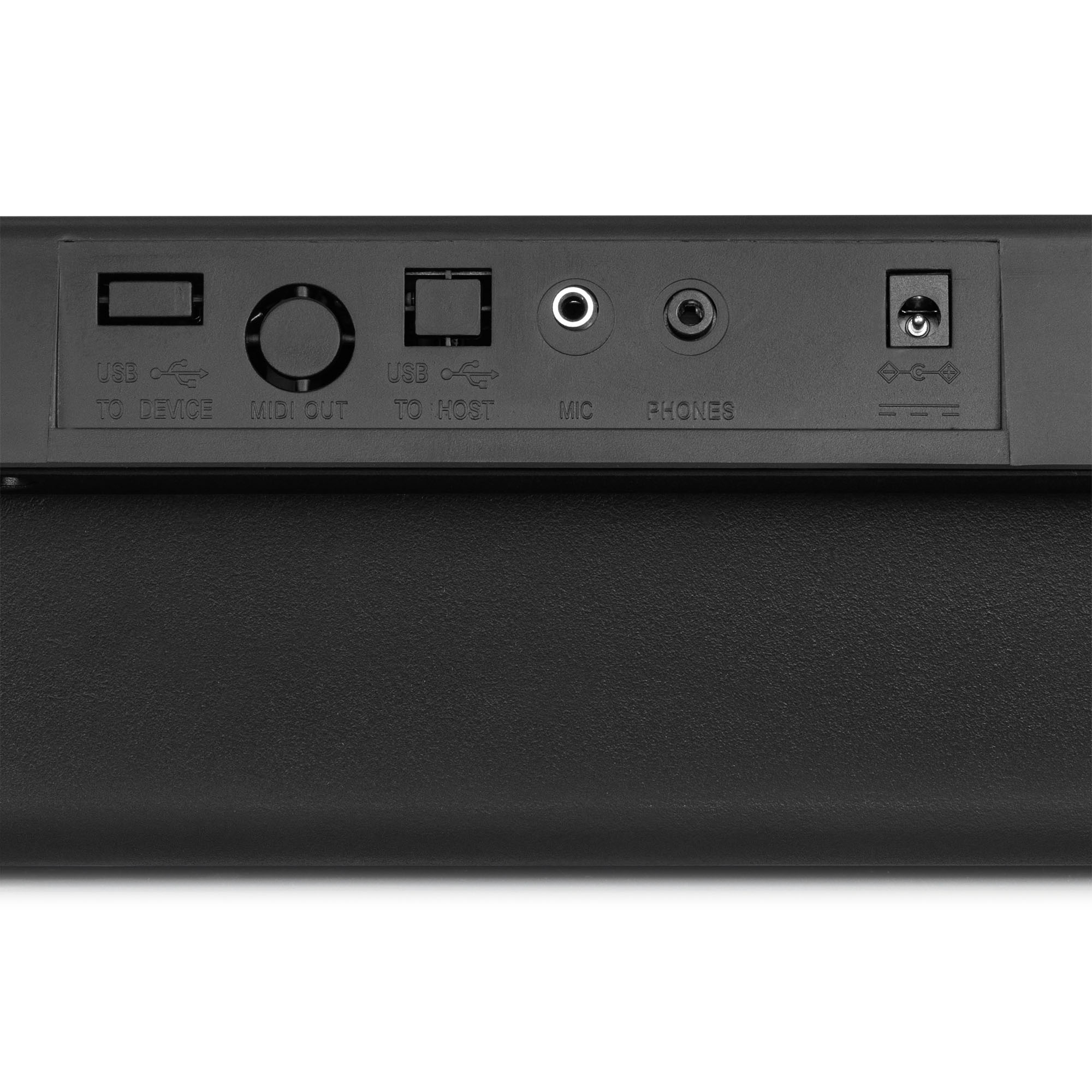 Die Rückseite eines elektronischen Keyboards mit verschiedenen Anschlussports, die beschriftet sind.