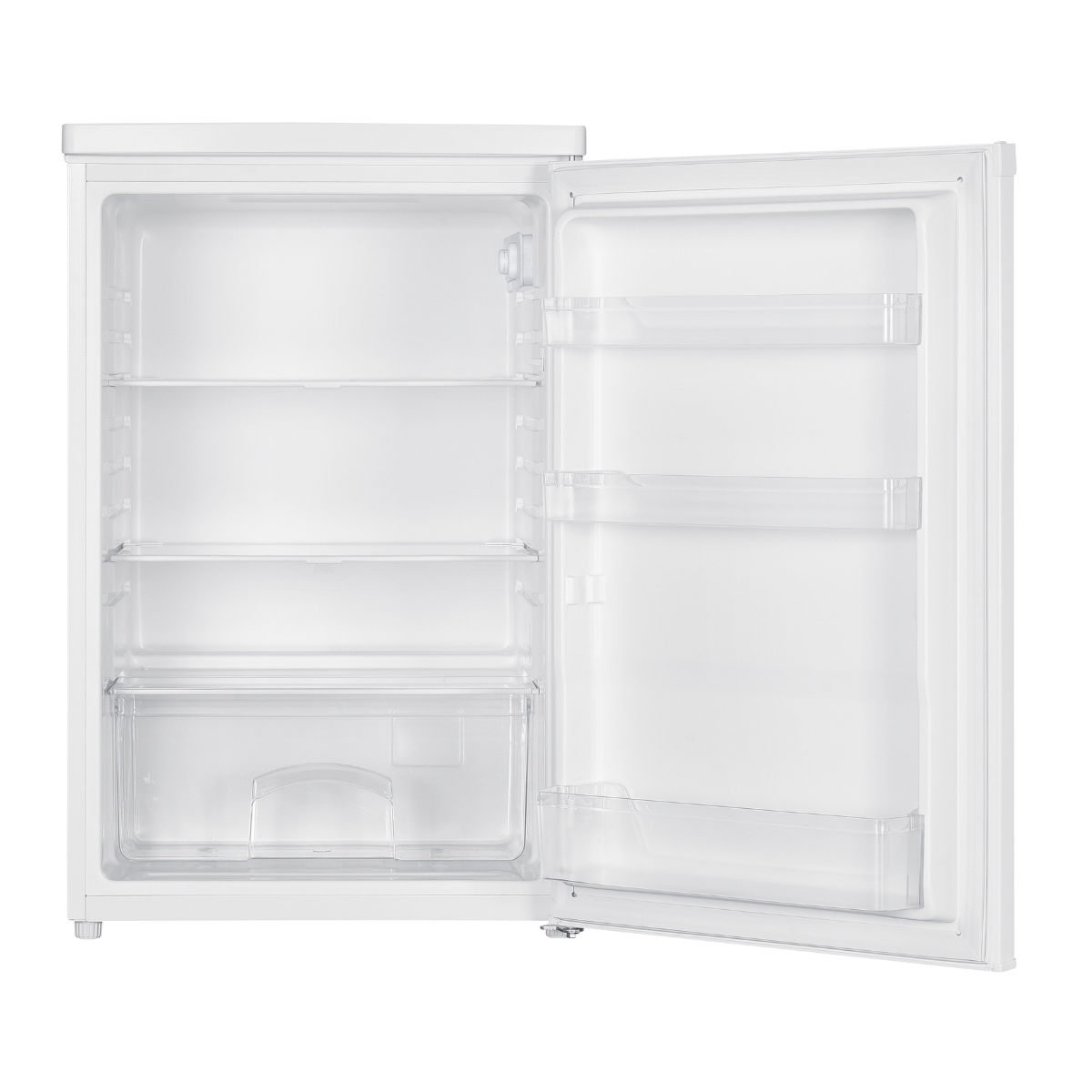 A white refrigerator with the door open, showing shelves and a drawer.