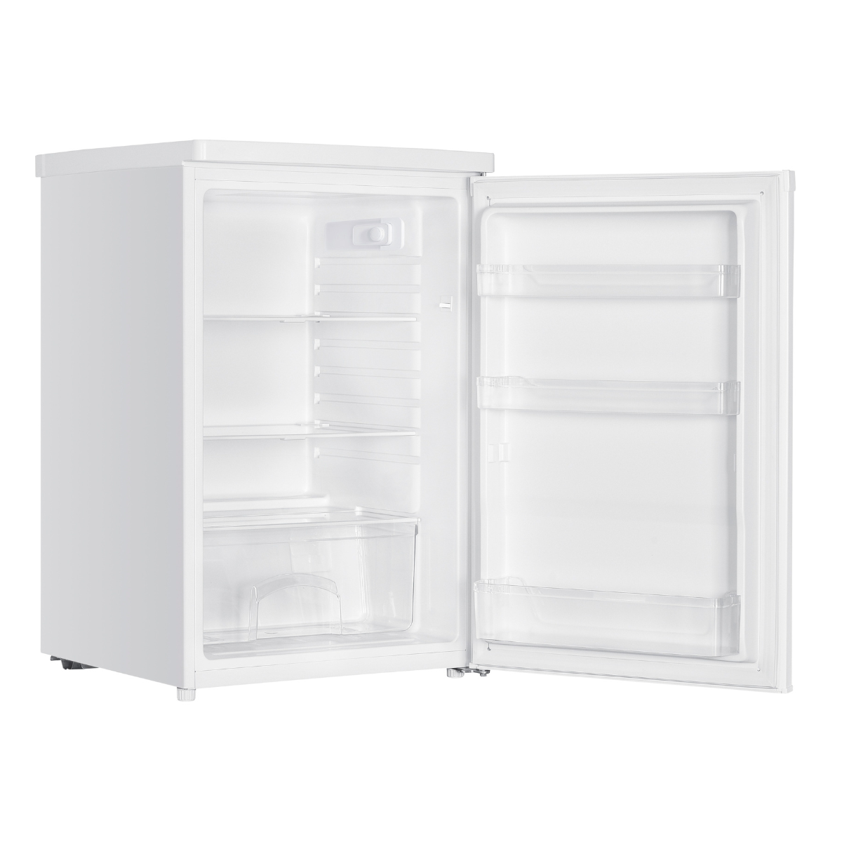 White mini-fridge with door open. Inside has shelves and a drawer. White background.