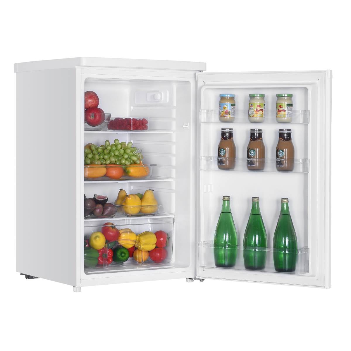 White fridge with the door open. The fridge is filled with food and drinks.