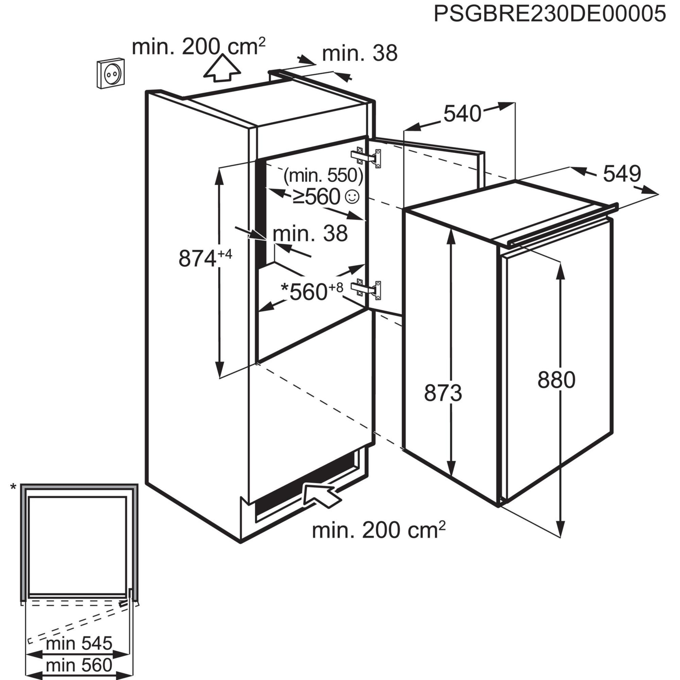 Diagramm eines Kühlschranks mit Maßen in Millimetern. Der Kühlschrank ist weiß und hat zwei Türen.