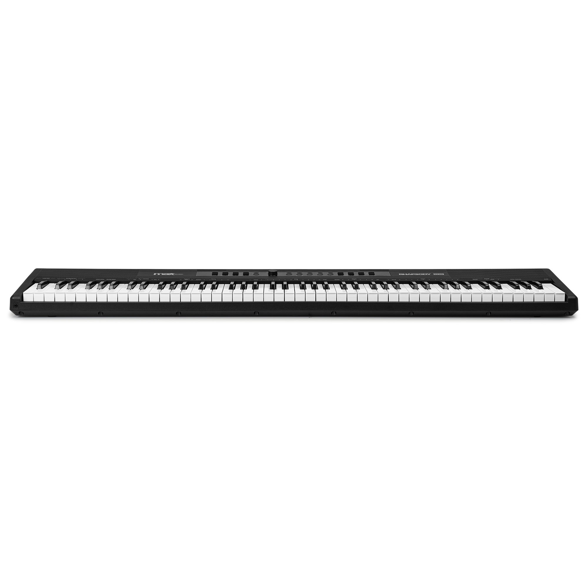 Lange, schwarze Piano-Tastatur vor weißem Hintergrund.