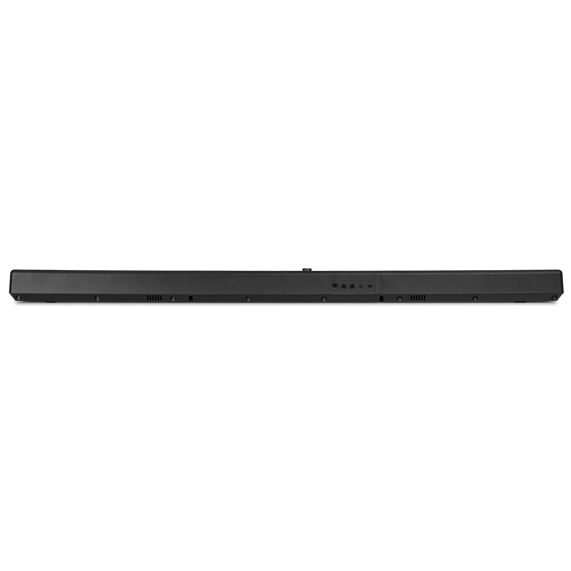 Eine schwarze Soundbar auf weißem Hintergrund. Es hat mehrere Ein- und Ausgänge auf der Rückseite.