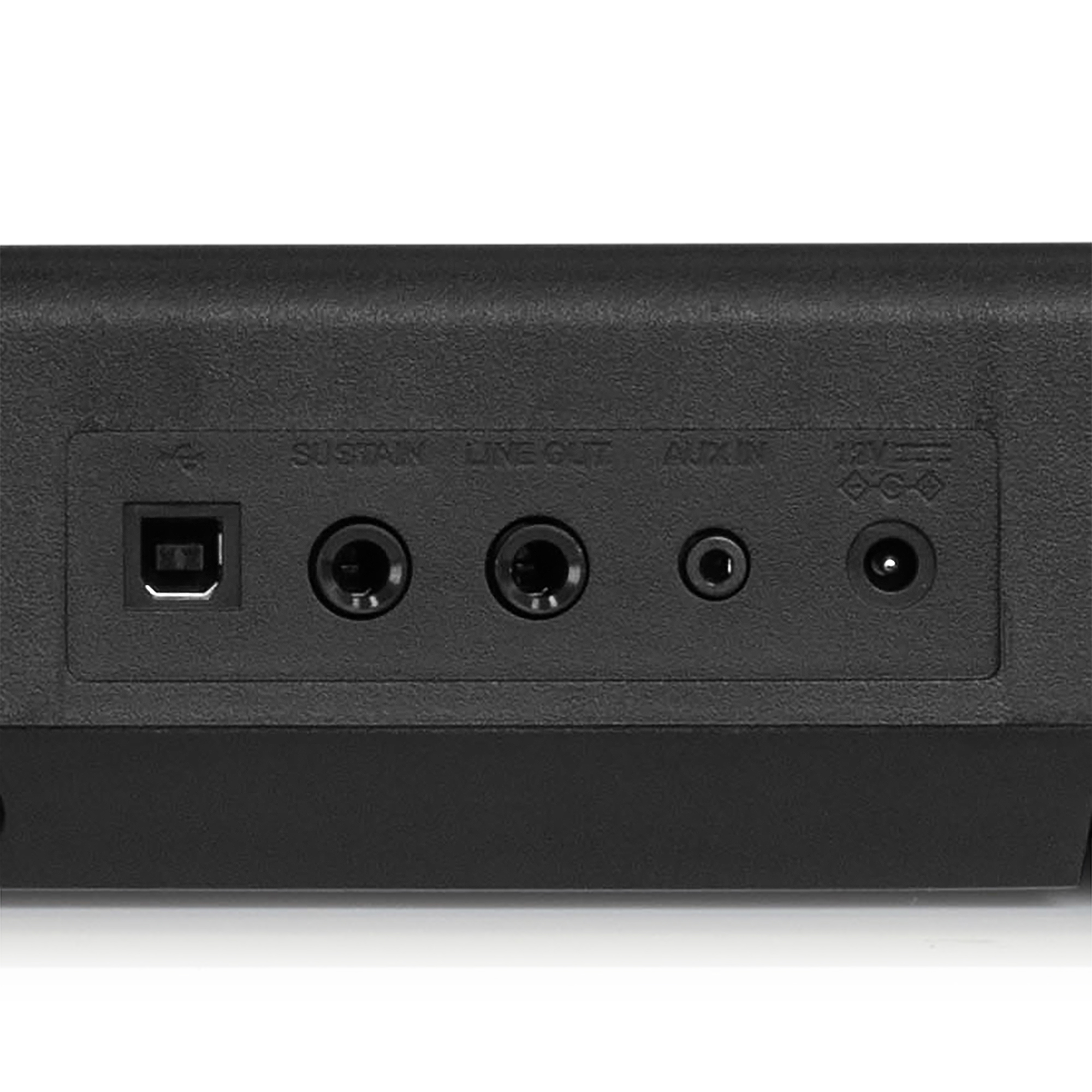 Nahaufnahme der Anschlüsse eines schwarzen elektronischen Geräts: Sustain, Line Out, Aux In und 18V-Eingang.