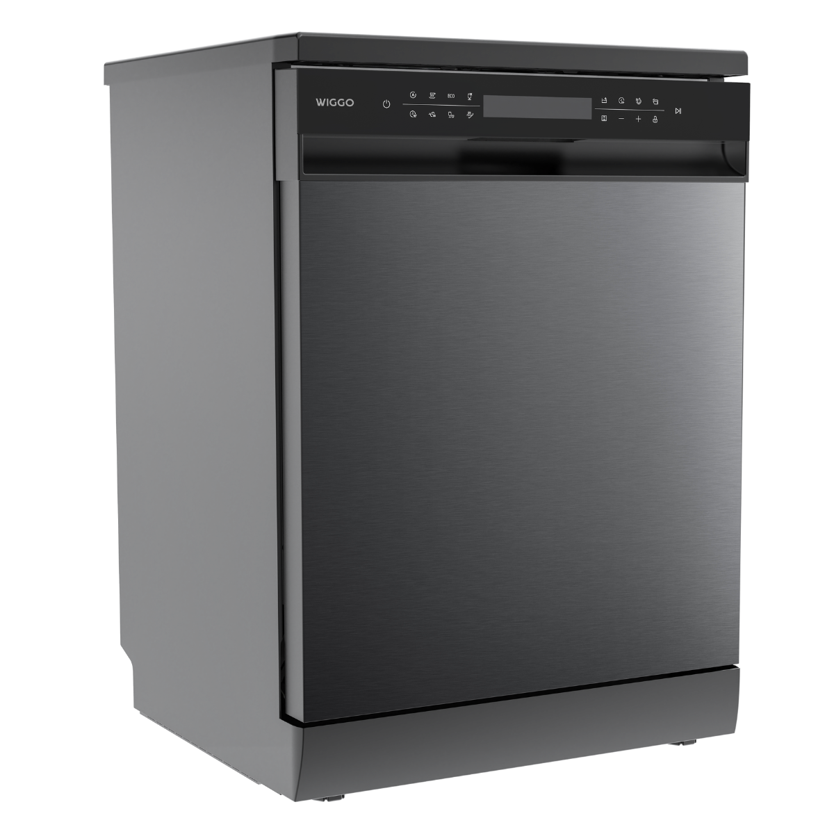Black Wiggo dishwasher. Controls on top. Shows the front and side of the appliance.