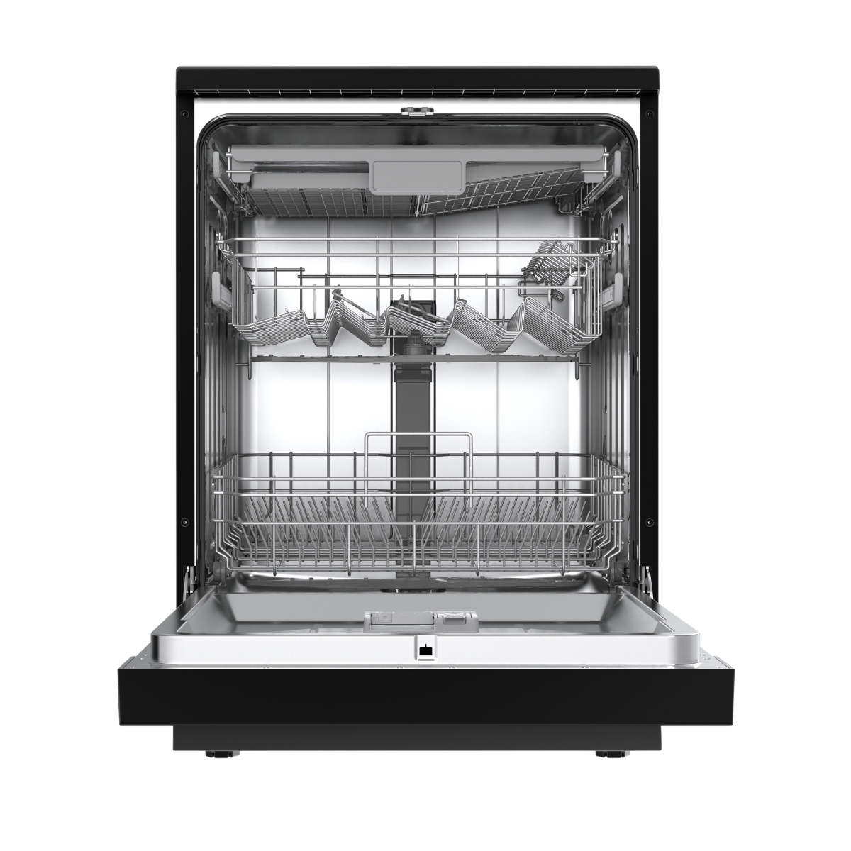 An open black dishwasher with metal racks against a black background.