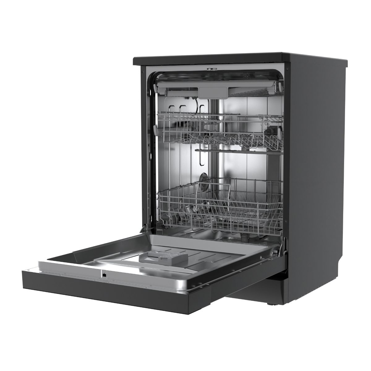 A black dishwasher with the door open, showing racks inside. Black background.
