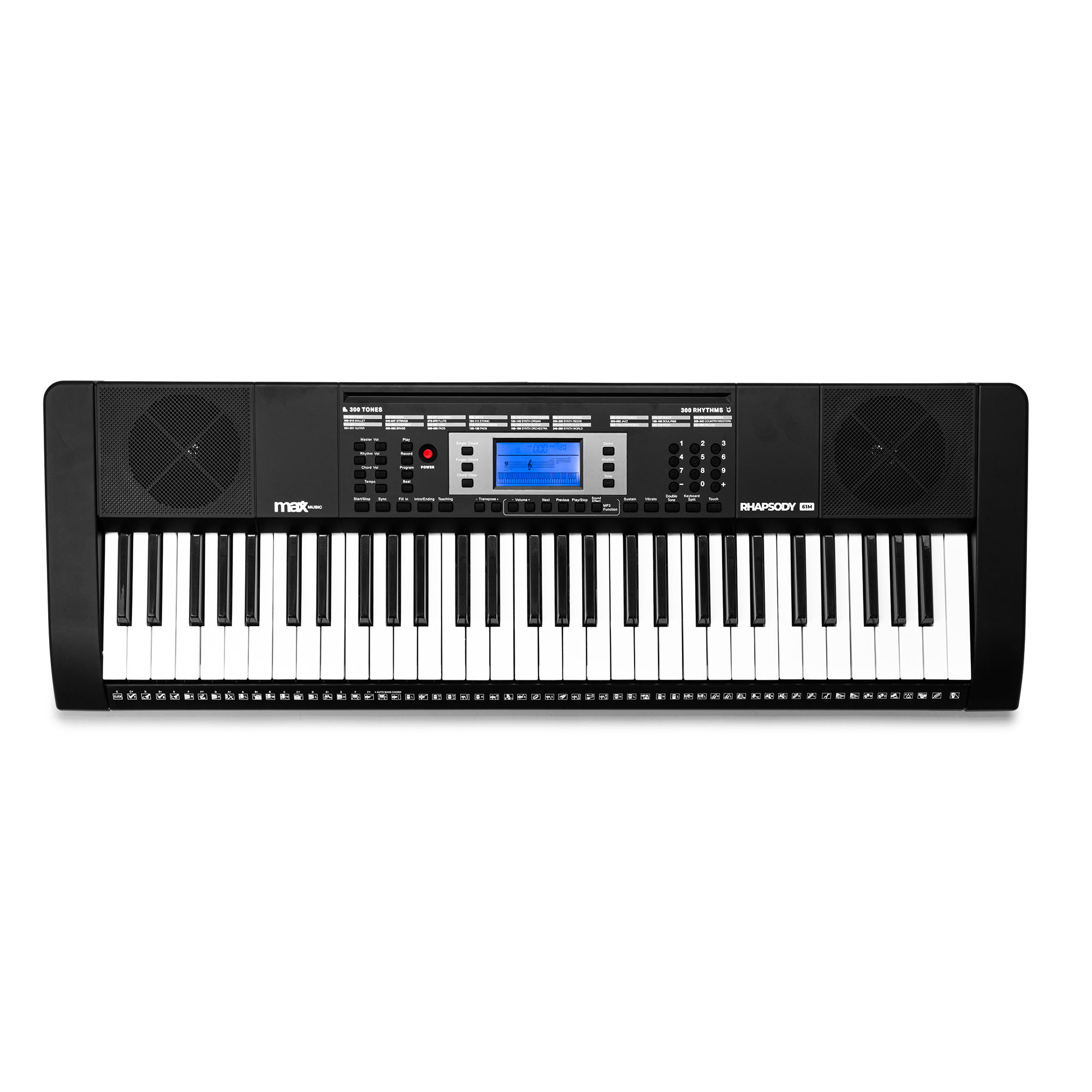 Schwarze elektronische Tastatur mit weißen und schwarzen Tasten. Displays und Lautsprecher sind auf der Tastatur.