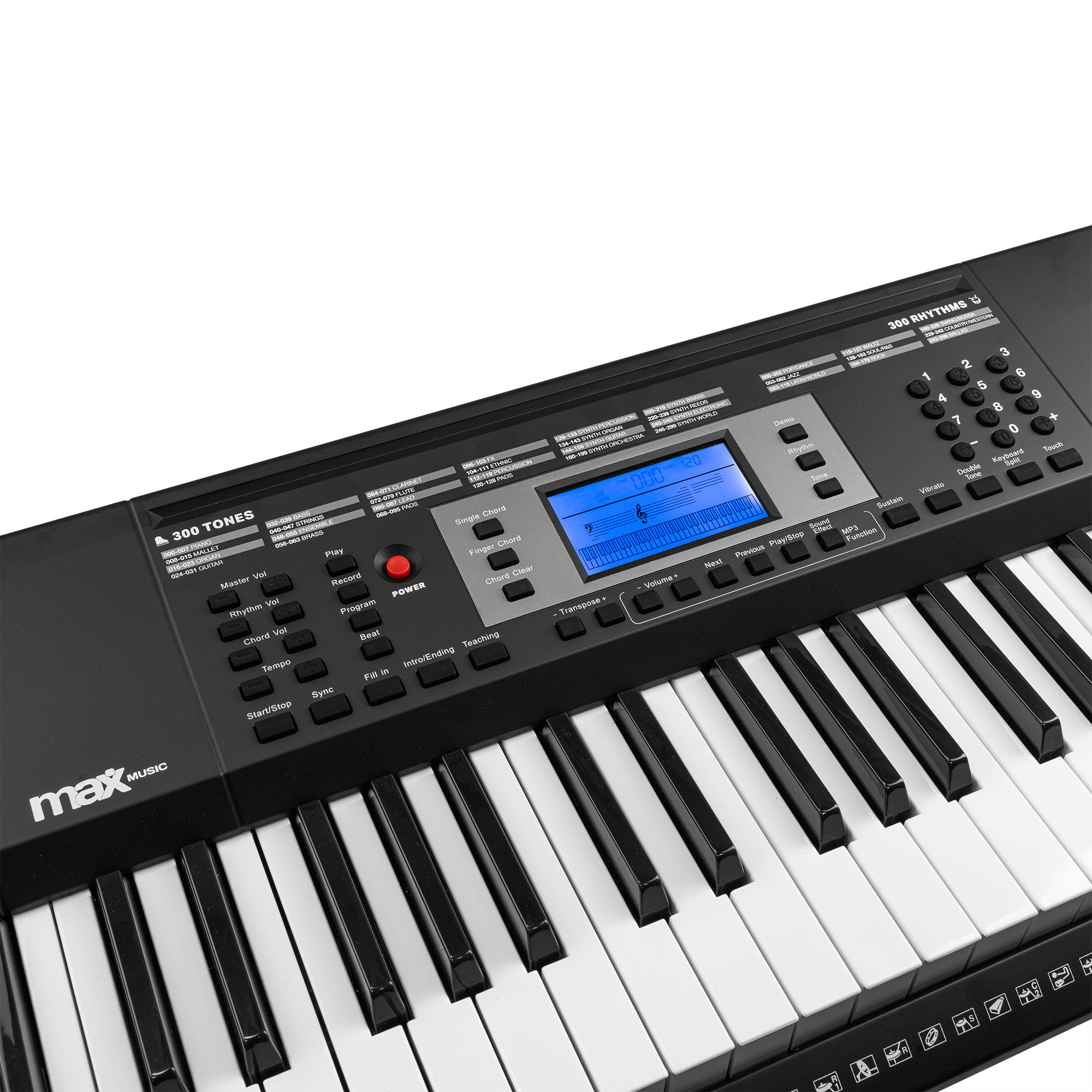 Schwarze Tastatur mit weißen Tasten, blauem Display und Funktionstasten.