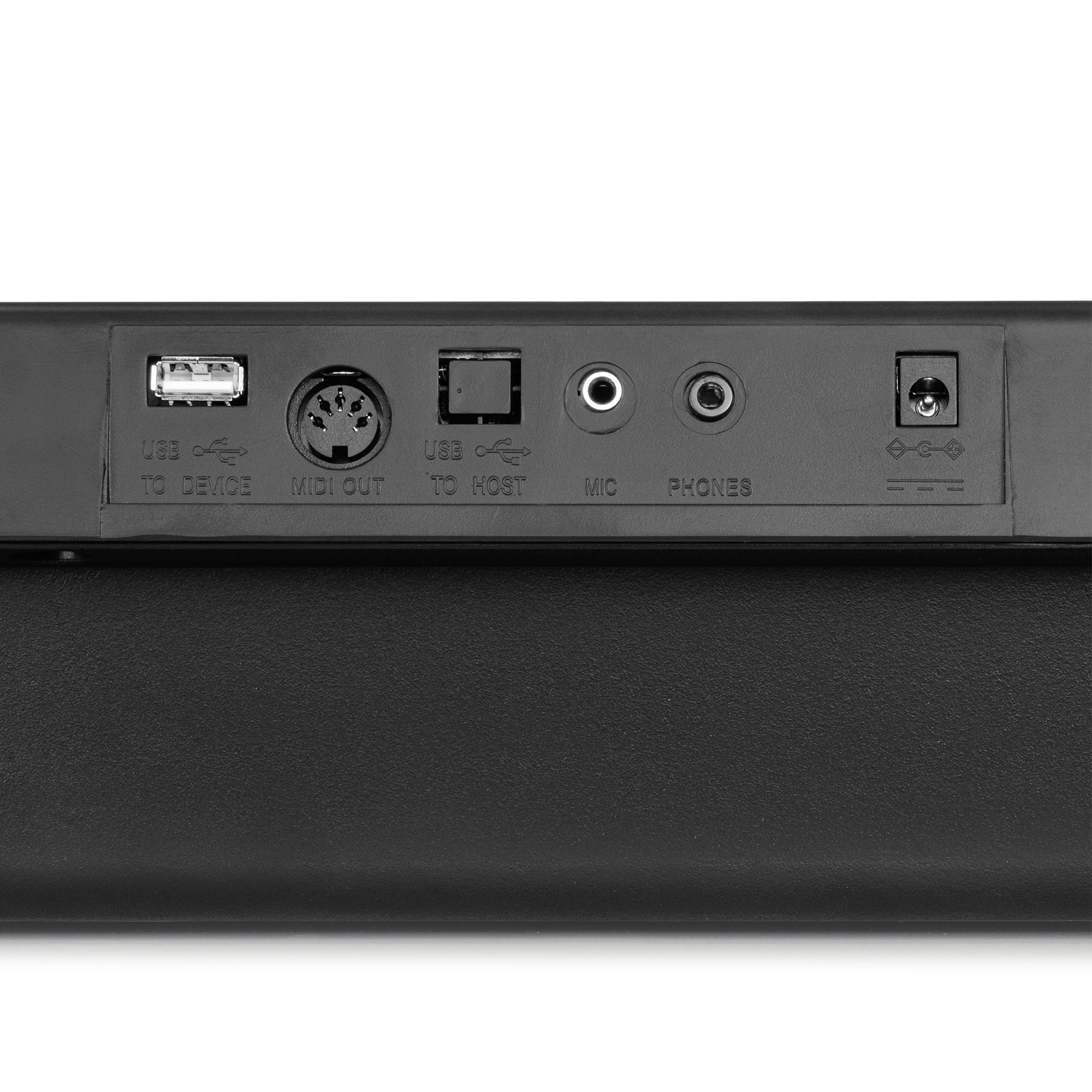 Nahaufnahme der Rückseite einer schwarzen Tastatur mit USB-, MIDI-, MIC- und Stromanschlüssen.