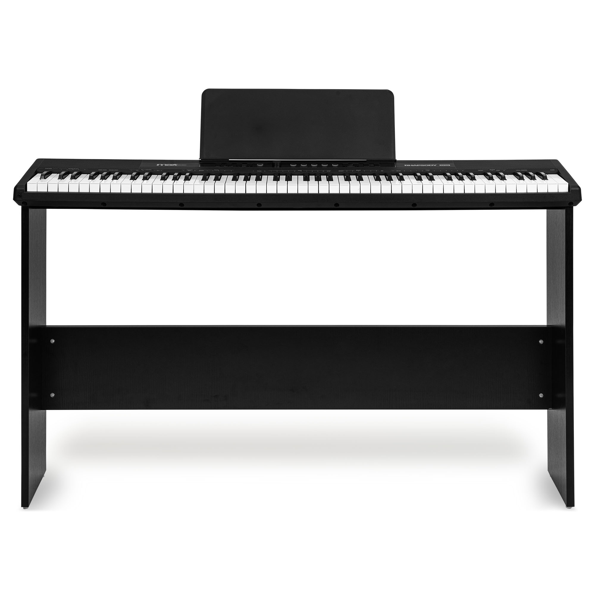 Eine schwarze Piano-Tastatur mit Notenständer auf einem schwarzen Ständer im Studio.