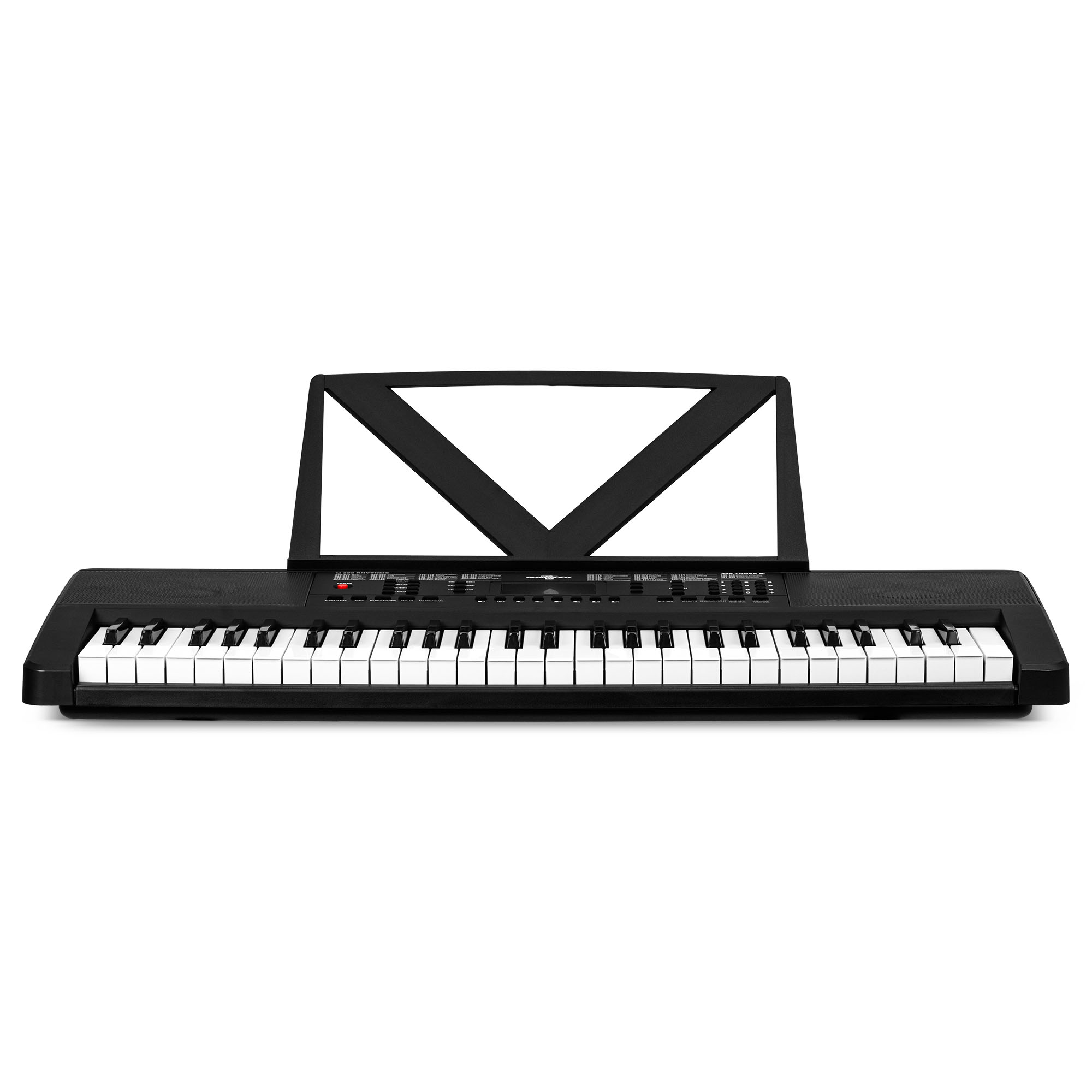 Zwarte digitale piano met witte toetsen, zwarte muziekstandaard.