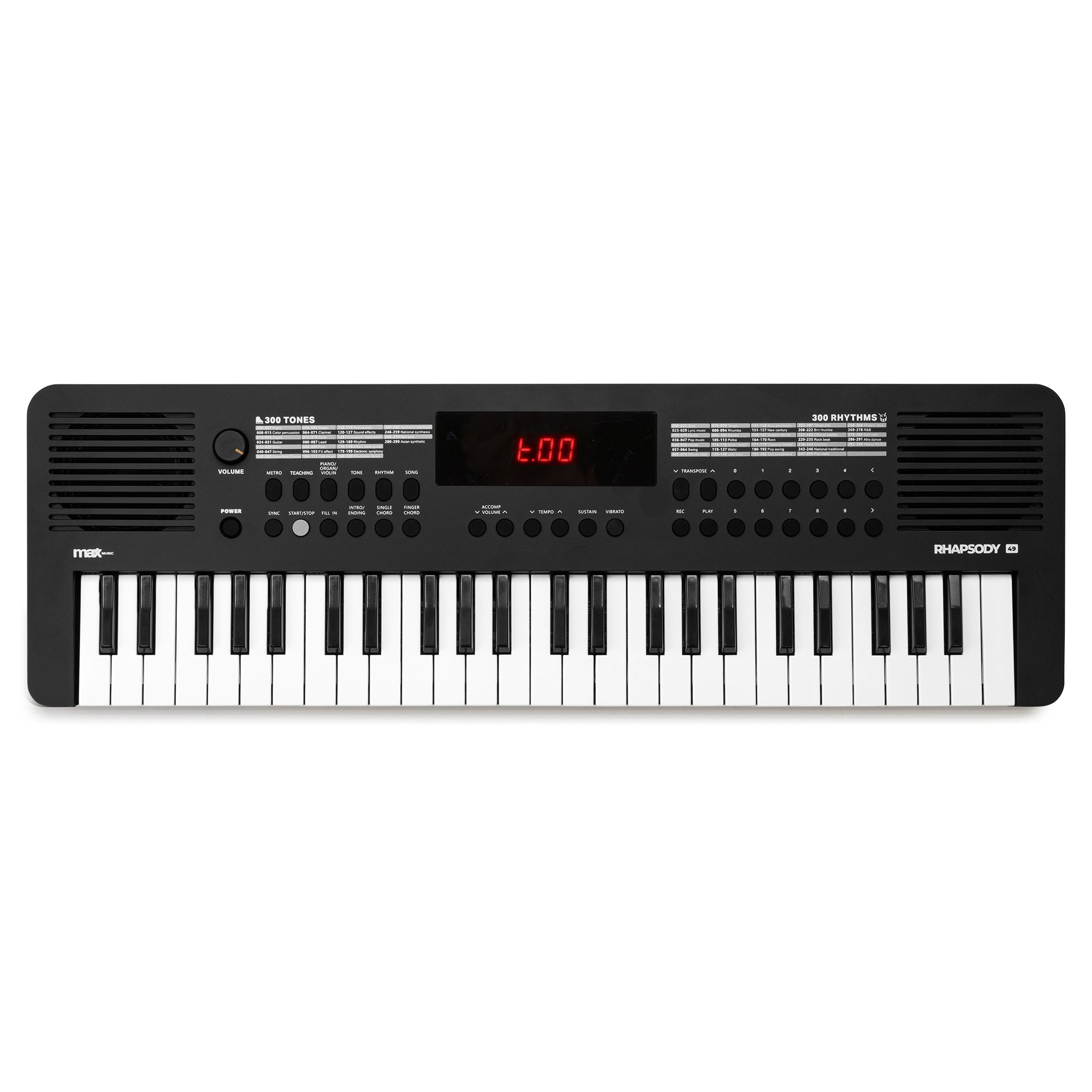 Un teclado negro con teclas blancas es visible. Tiene botones y una pantalla.