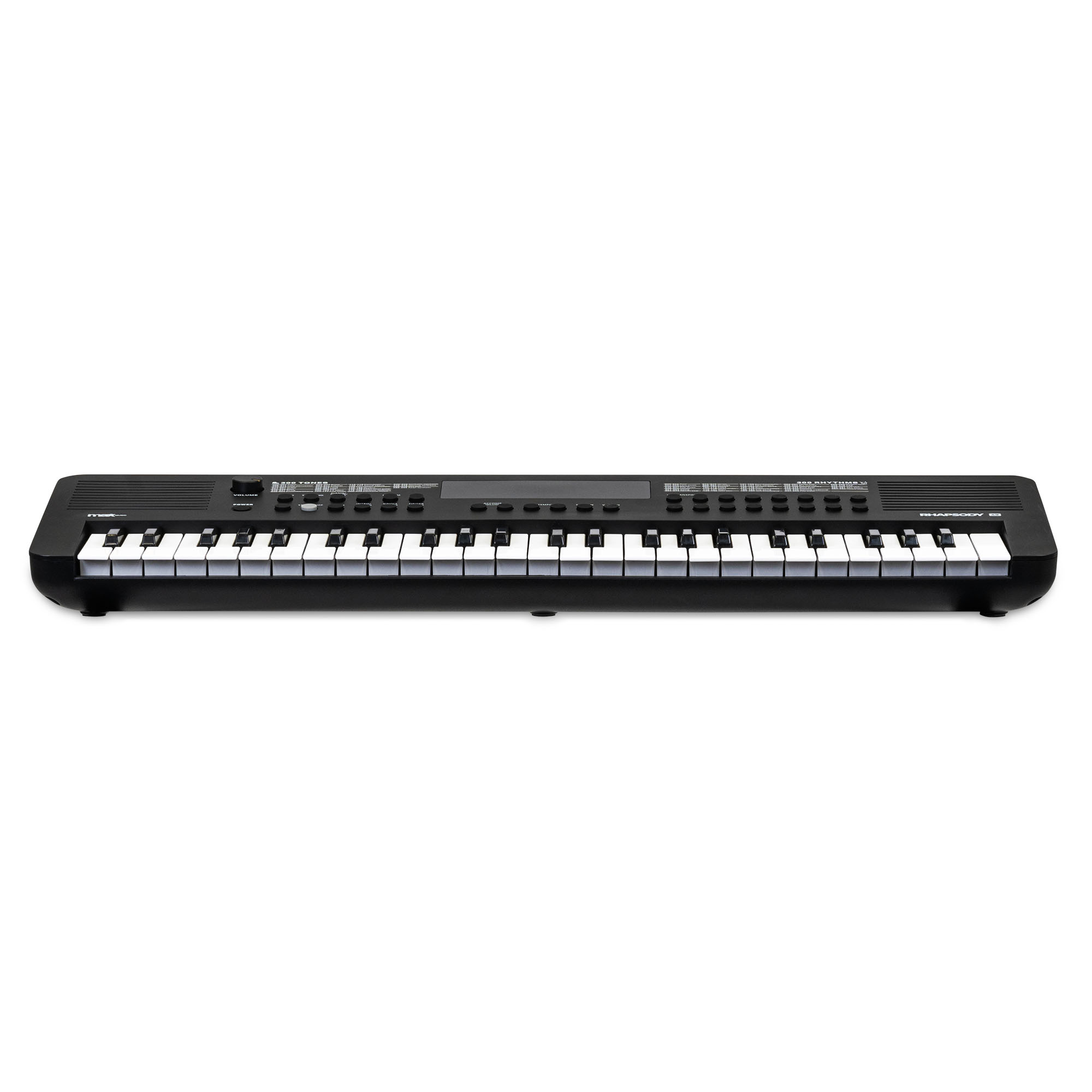 Teclado negro con teclas blancas sobre fondo blanco.