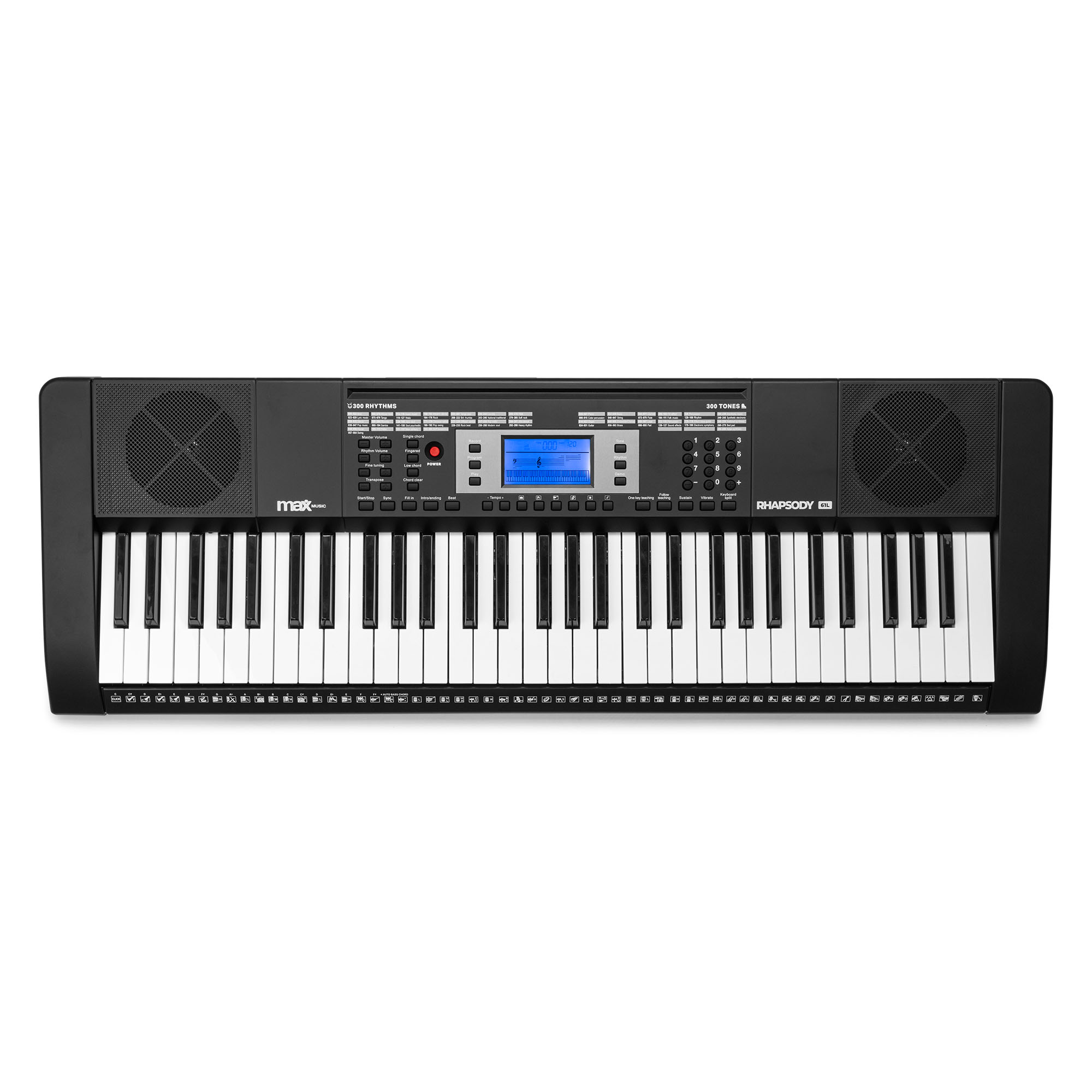 Schwarzes Digitalpiano mit vielen Tasten, Lautsprechern und Bedienfeld. Draufsicht, weißer Hintergrund.