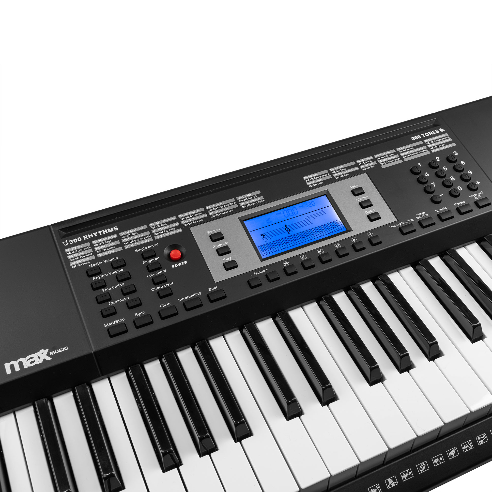 Ein schwarz-weißes elektronisches Klavier mit vielen Tasten. Es hat ein blaues Display und Steuertasten.