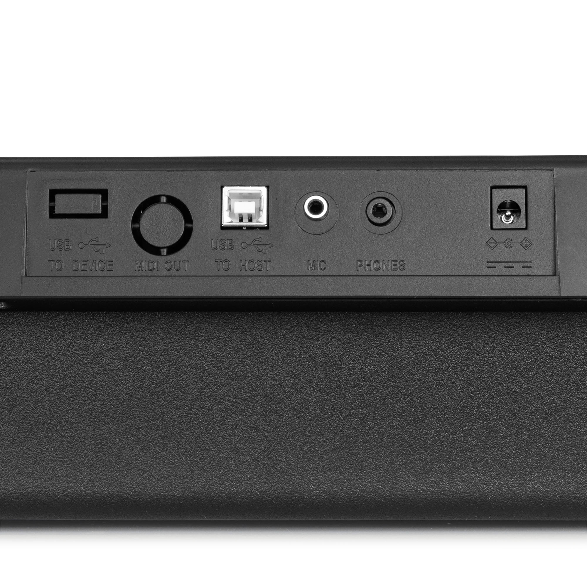 Schwarzes Klavier-Panel mit verschiedenen Eingangs-/Ausgangsanschlüssen: USB, MIDI OUT, USB TO HOST, MIC, PHONES und Stromeingang.