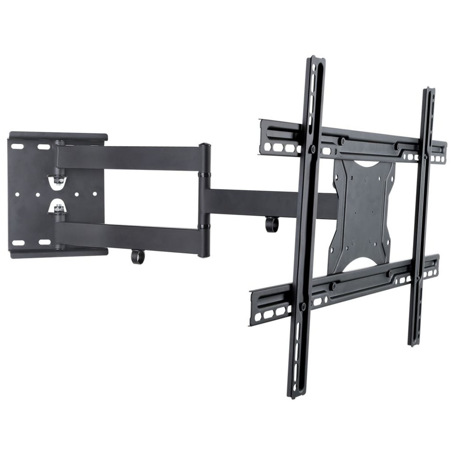 Schwarze TV-Halterung mit mehreren verstellbaren Armen und Montageplatten.
