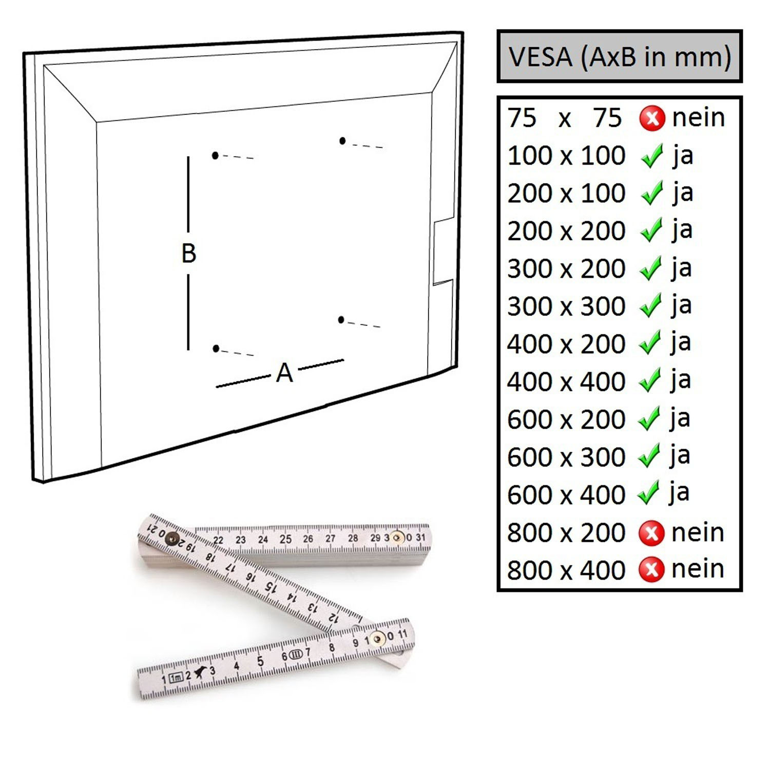 Diagramm mit Maßen für eine TV-Halterung, einschließlich VESA-Größen und Lineal. Weißer Hintergrund, schwarze Linien.