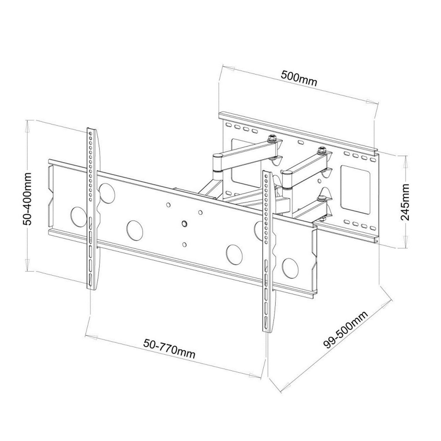 Ein Diagramm mit den Maßen einer TV-Halterung.