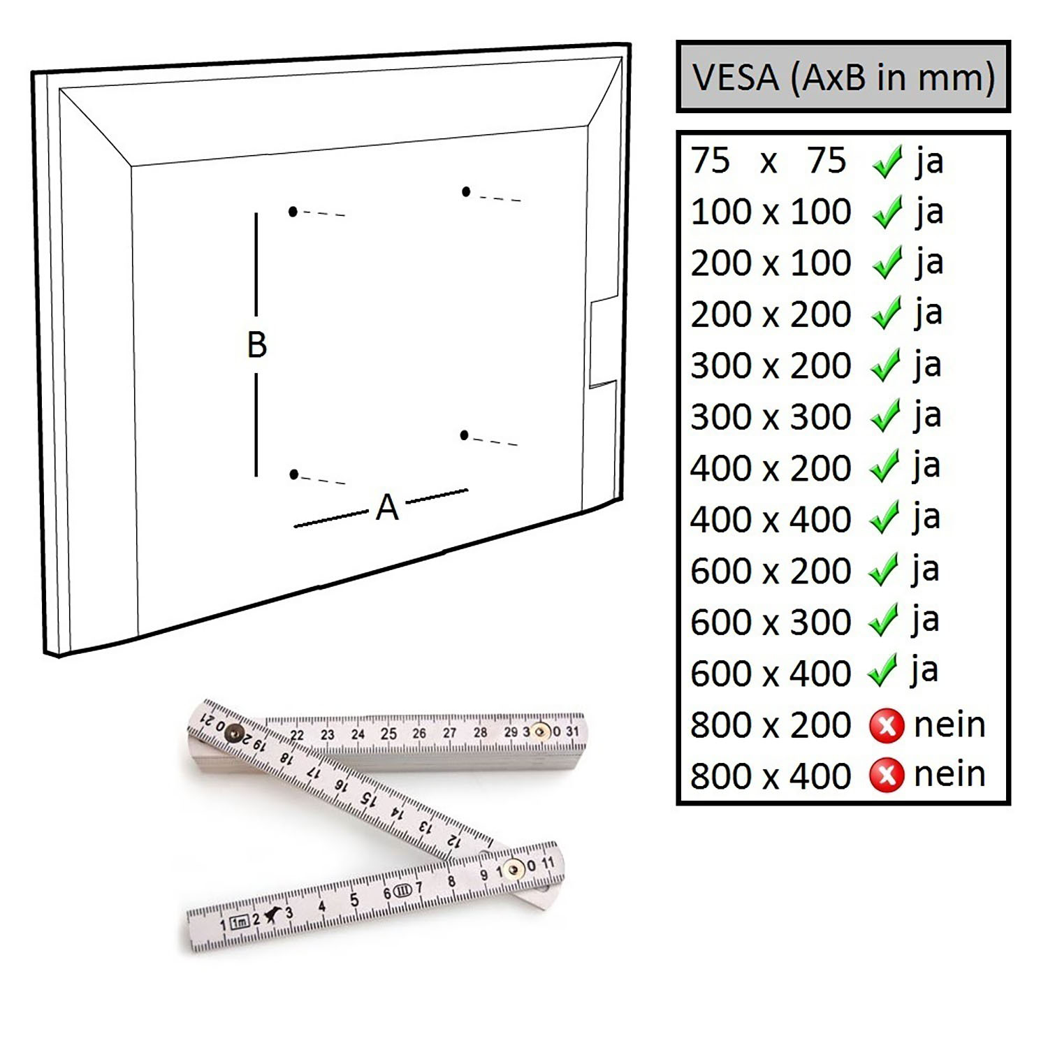 Diagramm zeigt eine schwarze TV-Halterungsrückseite mit VESA-Montagegrößen. Zwei Lineale sind vorhanden.