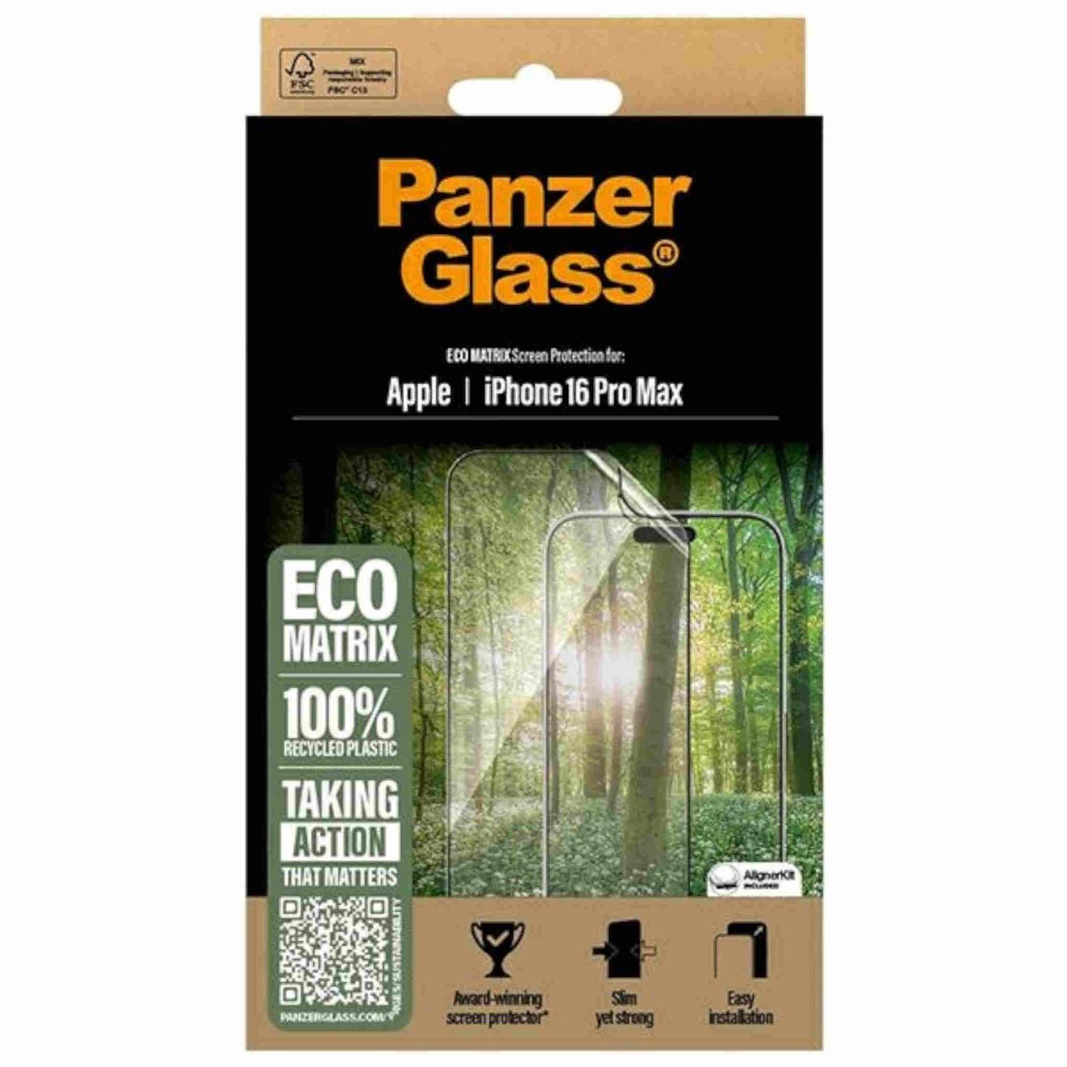 Scatola protezione schermo PanzerGlass per iPhone 16 Pro Max. Mostra una scena di foresta attraverso il vetro.
