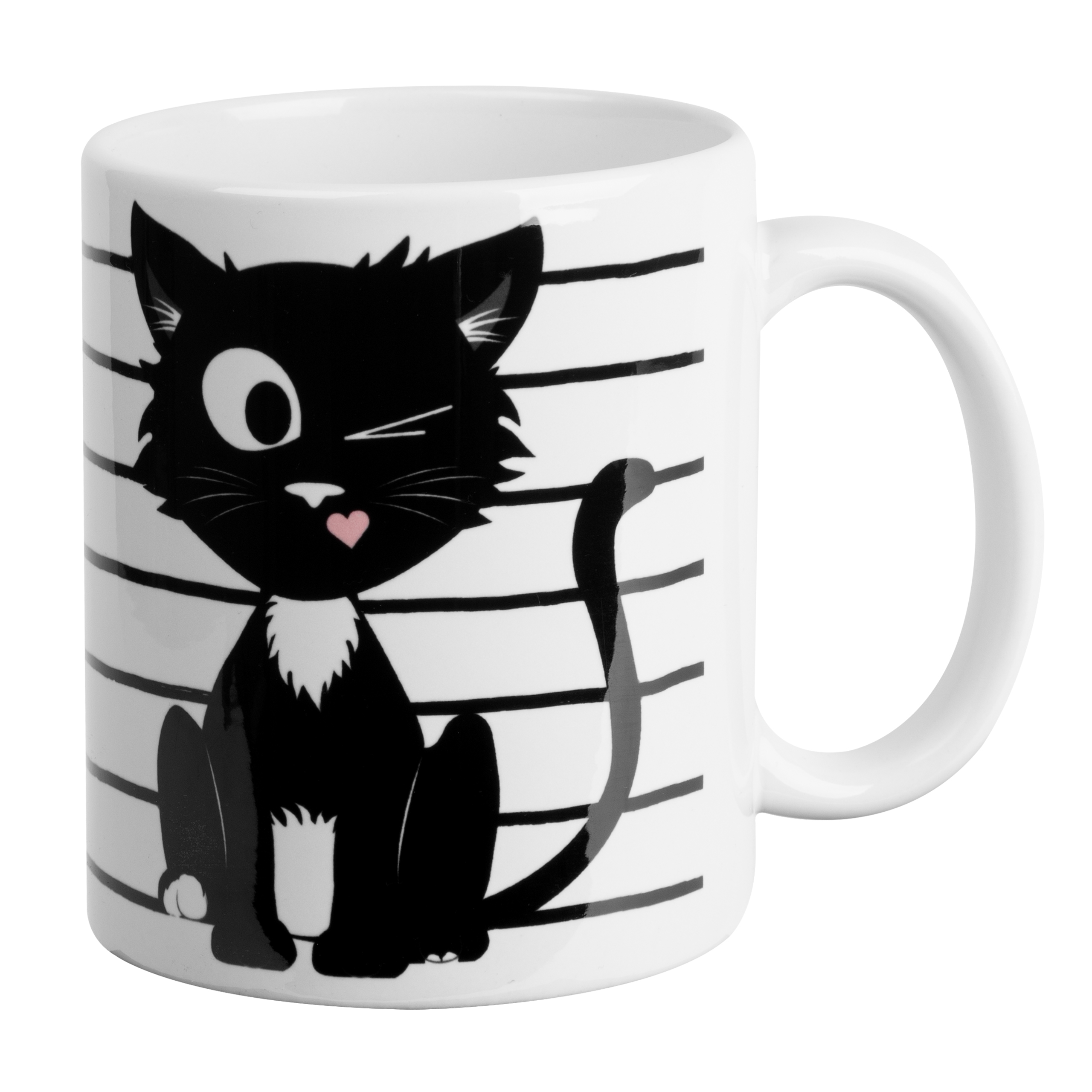 Ein weißer Becher mit einem schwarzen Katzen-Cartoon. Die Katze zwinkert und lächelt mit einer rosa Herz-Zunge.