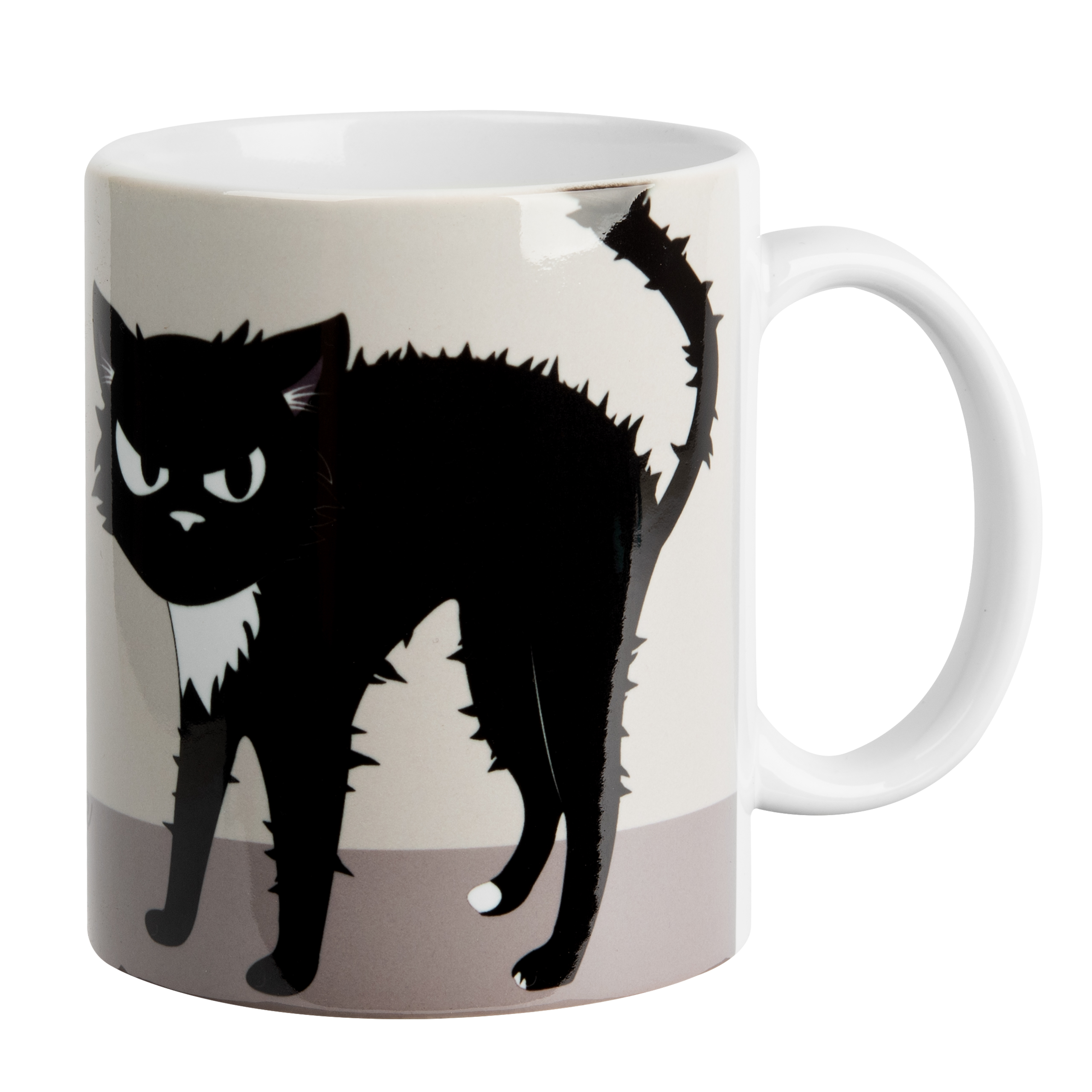 Eine weiße Tasse mit einer schwarzen, wütenden Katzenillustration auf der Seite, vor weißem Hintergrund.